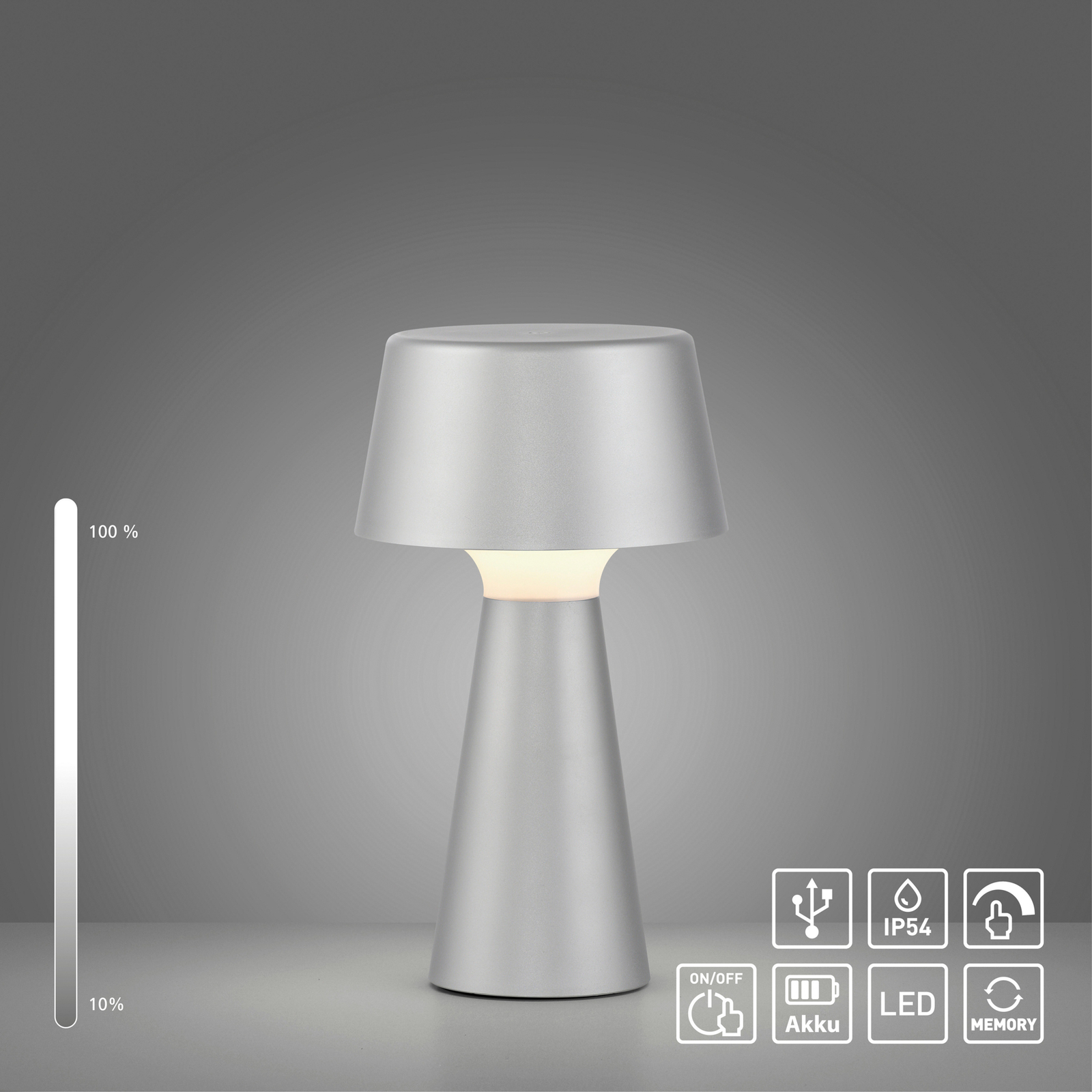 JUST LIGHT. Abera lámpara de mesa LED recargable plástico plata IP54