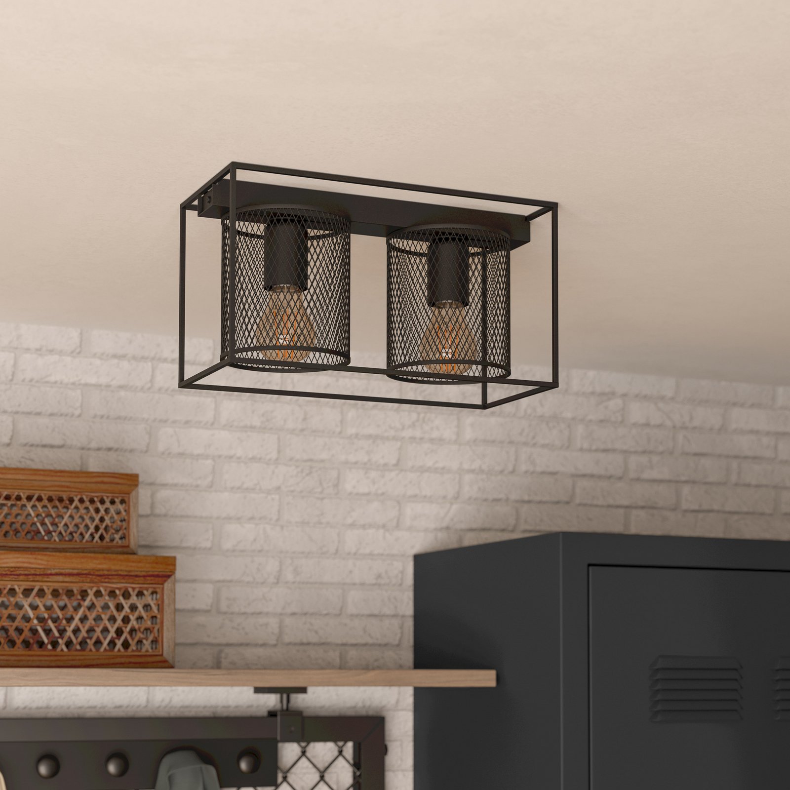 Plafoniera Catterick, nero, 2 paralumi a gabbia