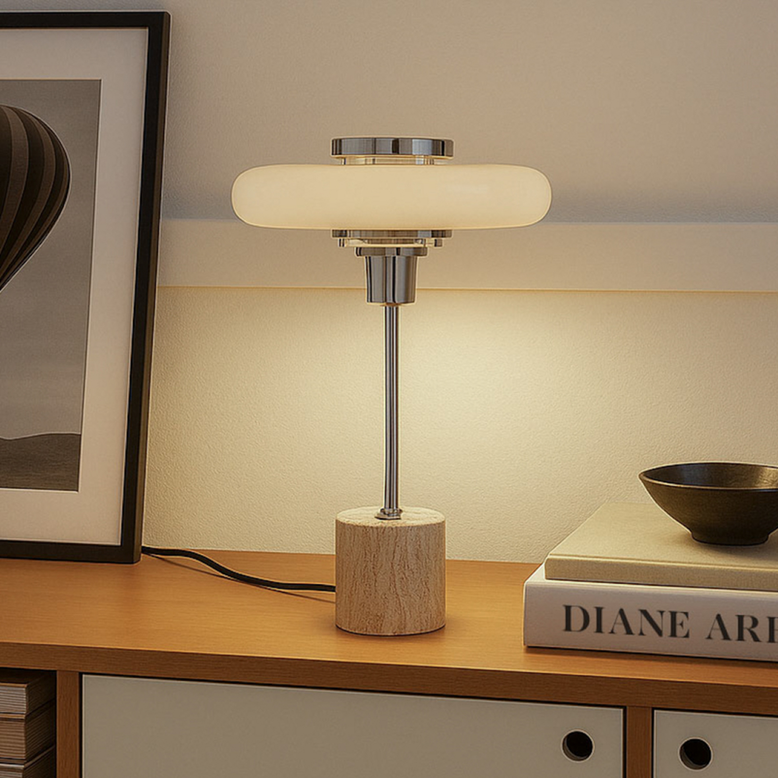 Lindby tafellamp Branford, retro, beige, metaal/travertin