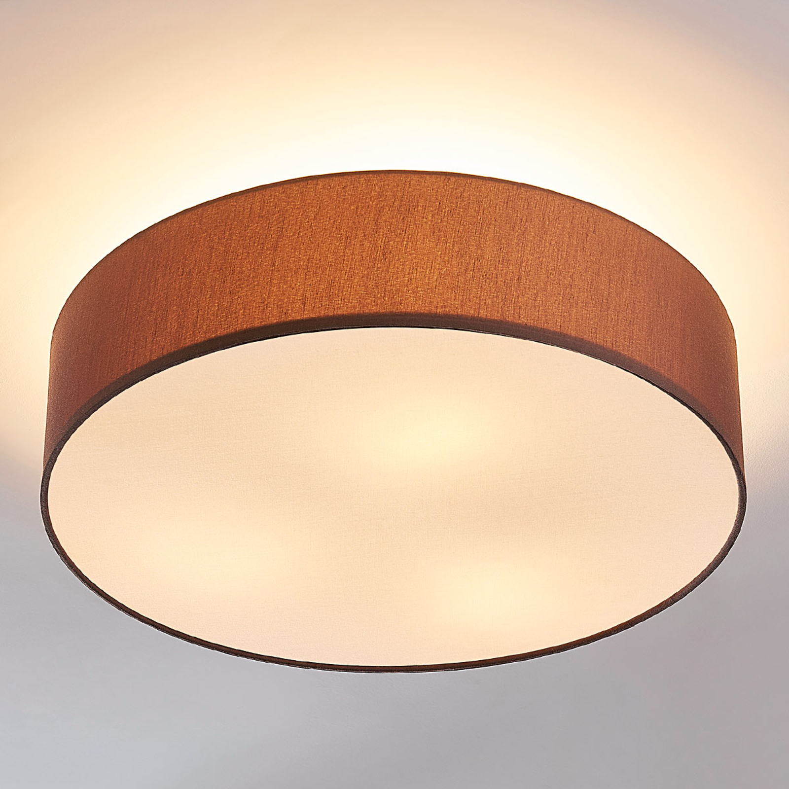 Lindby ceiling light Sebatin, Ø 50 cm, light brown, fabric, E27