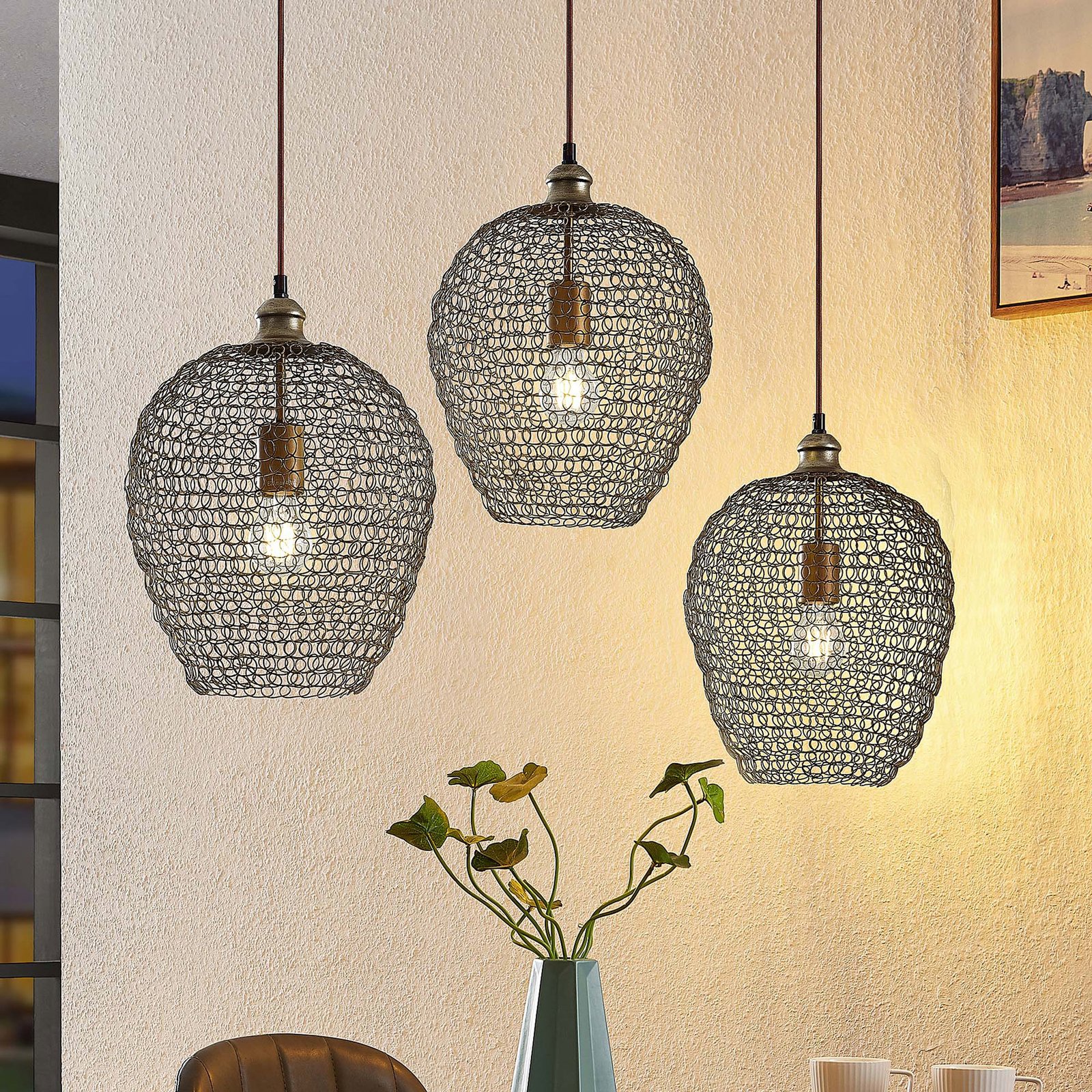 Lindby Benja hanglamp, 3-lamps, messing