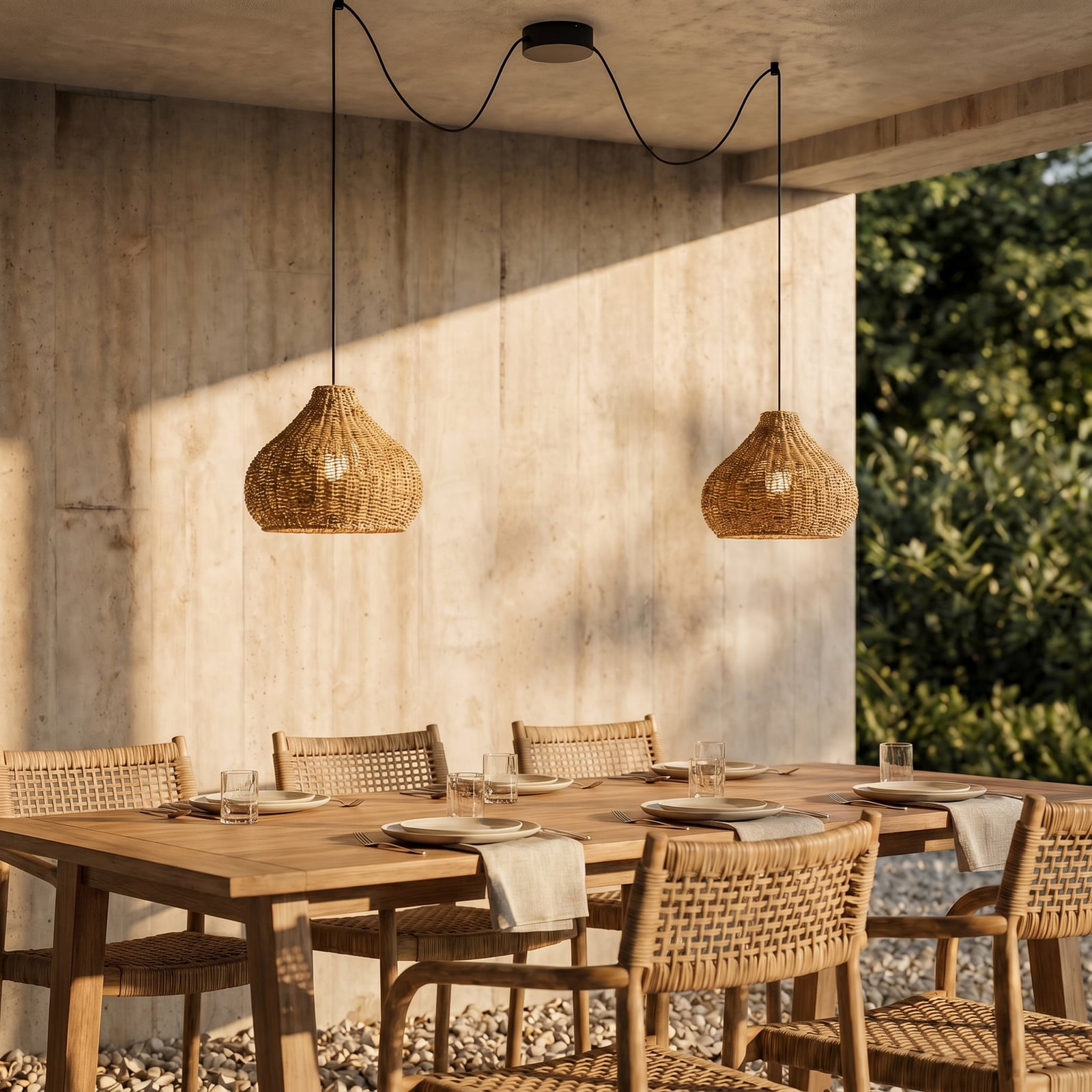 Lucande, suspension d'extérieur Taniola, à 2 lampes, beige, rotin, IP44 Lucande, suspension d'extérieur Taniola, à 2 lampes, beige, rotin, IP44