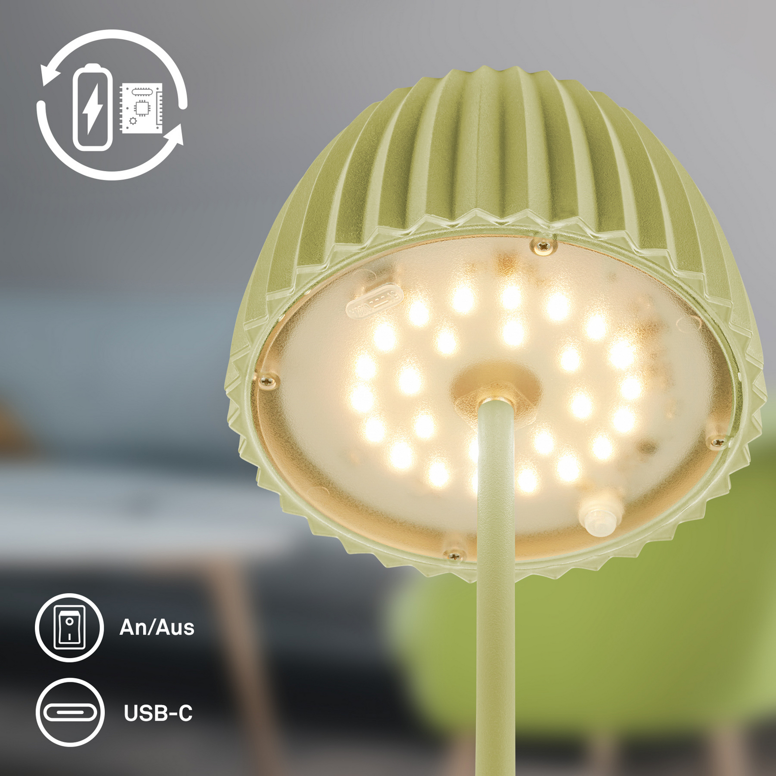 Lampe à poser LED rechargeable Brilo unplugged Riffle, 20 cm, vert