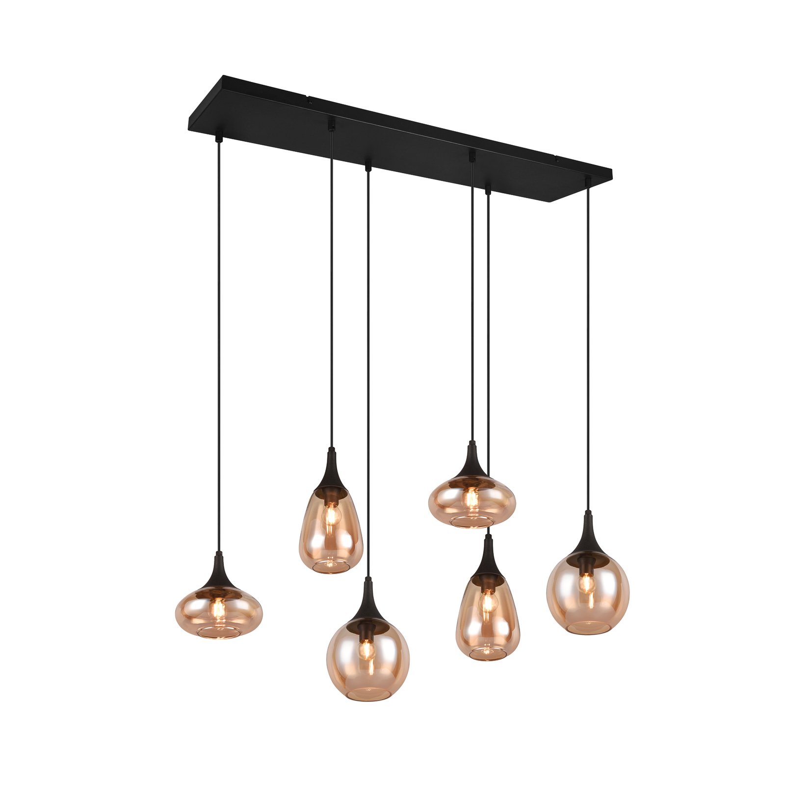Hanglamp LUMINA, 6-lamps, zwart/oranje, glas