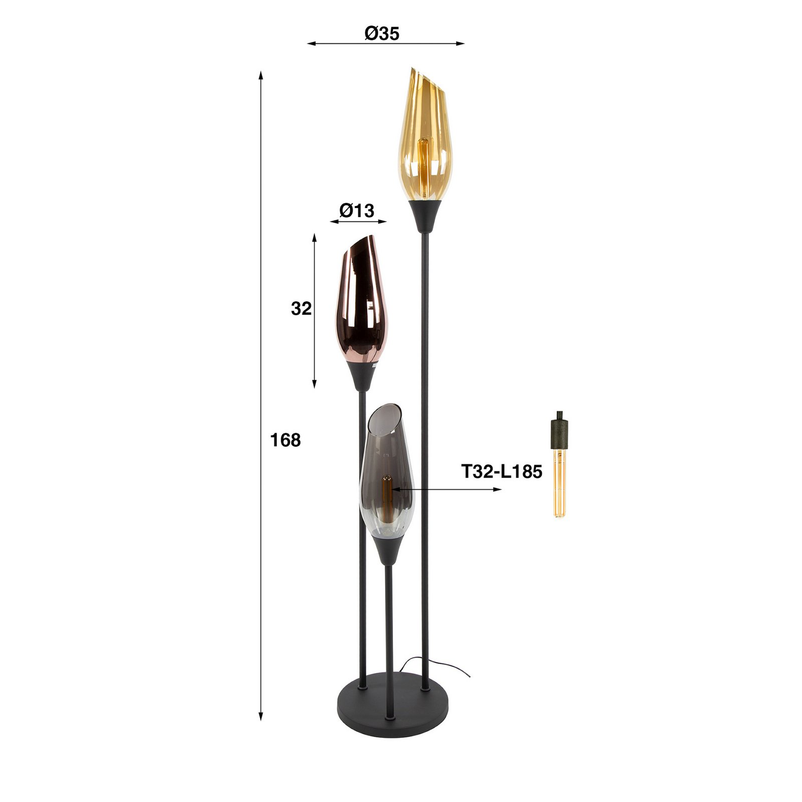 Stehlampe Mixture, 168 cm, multicolor, 3-flammig Glas/Metall