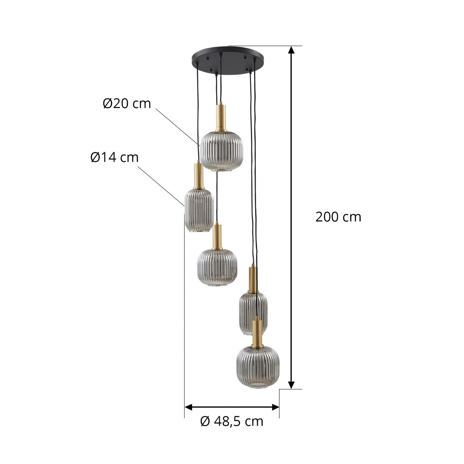 Lindby Doroteo, candeeiro suspenso, 5 lâmpadas, cinzento, vidro