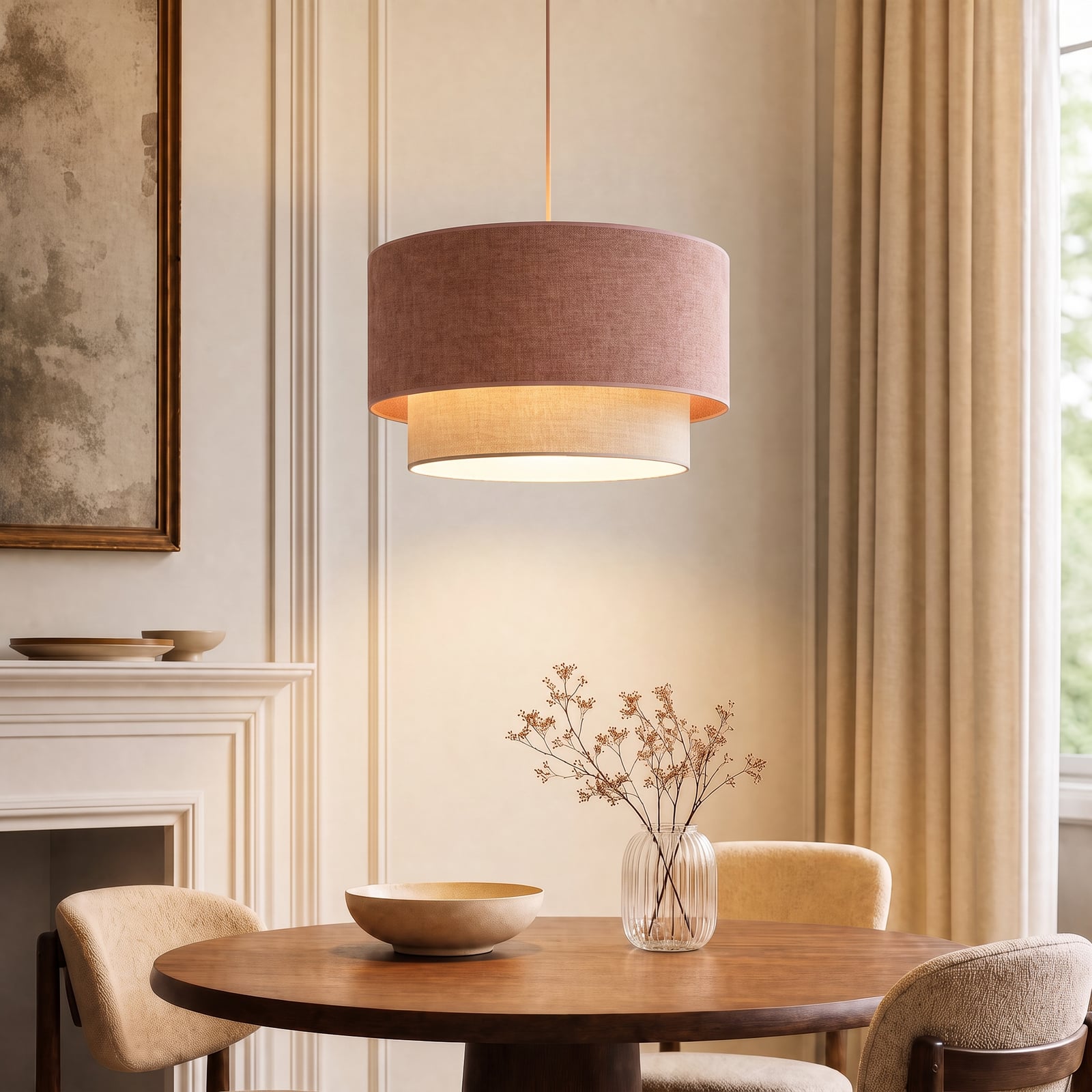 Lampa wisząca Boho, beżowo-różowa, Ø 45 cm, tkanina, E27