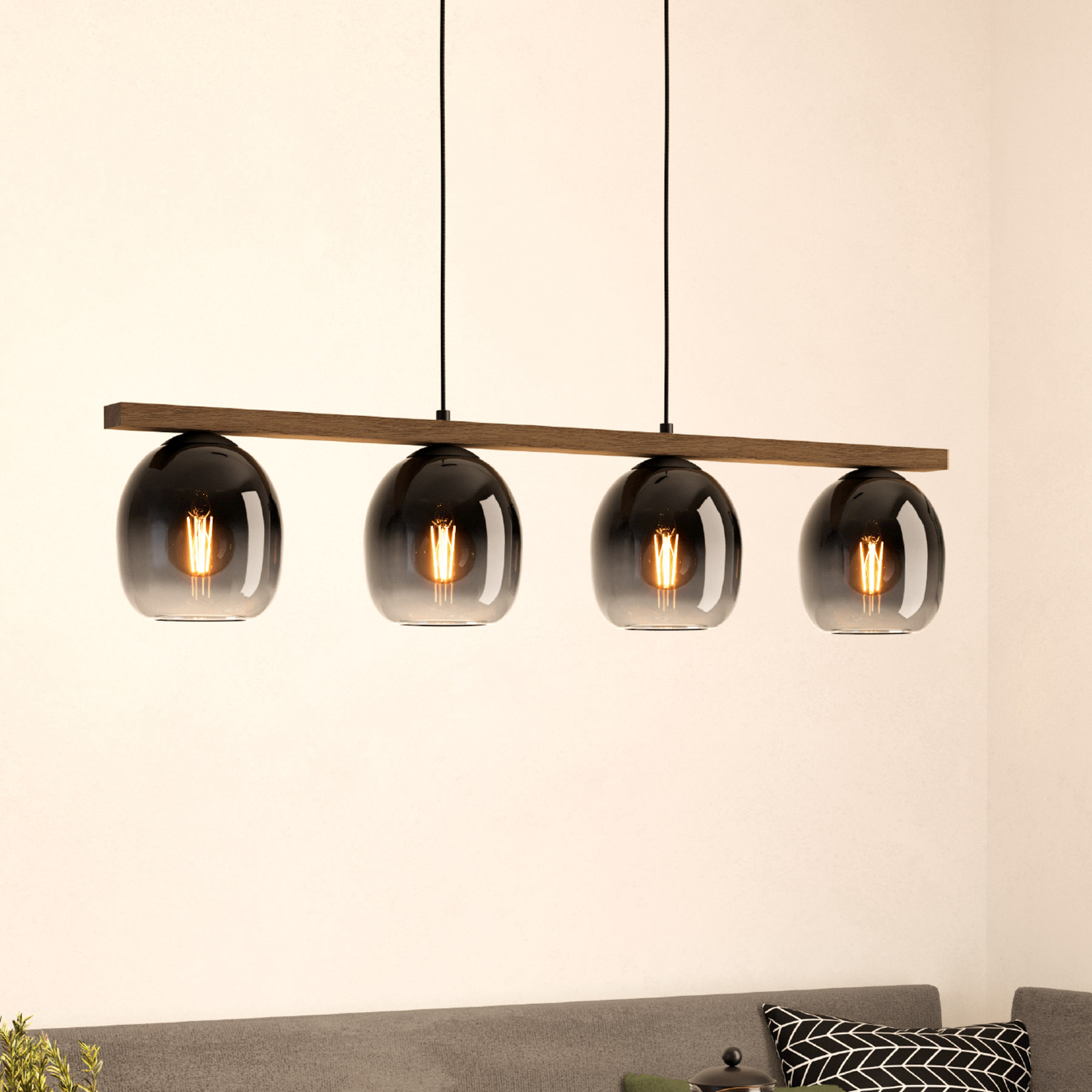 Filago pendant light, four smoked glass lampshades
