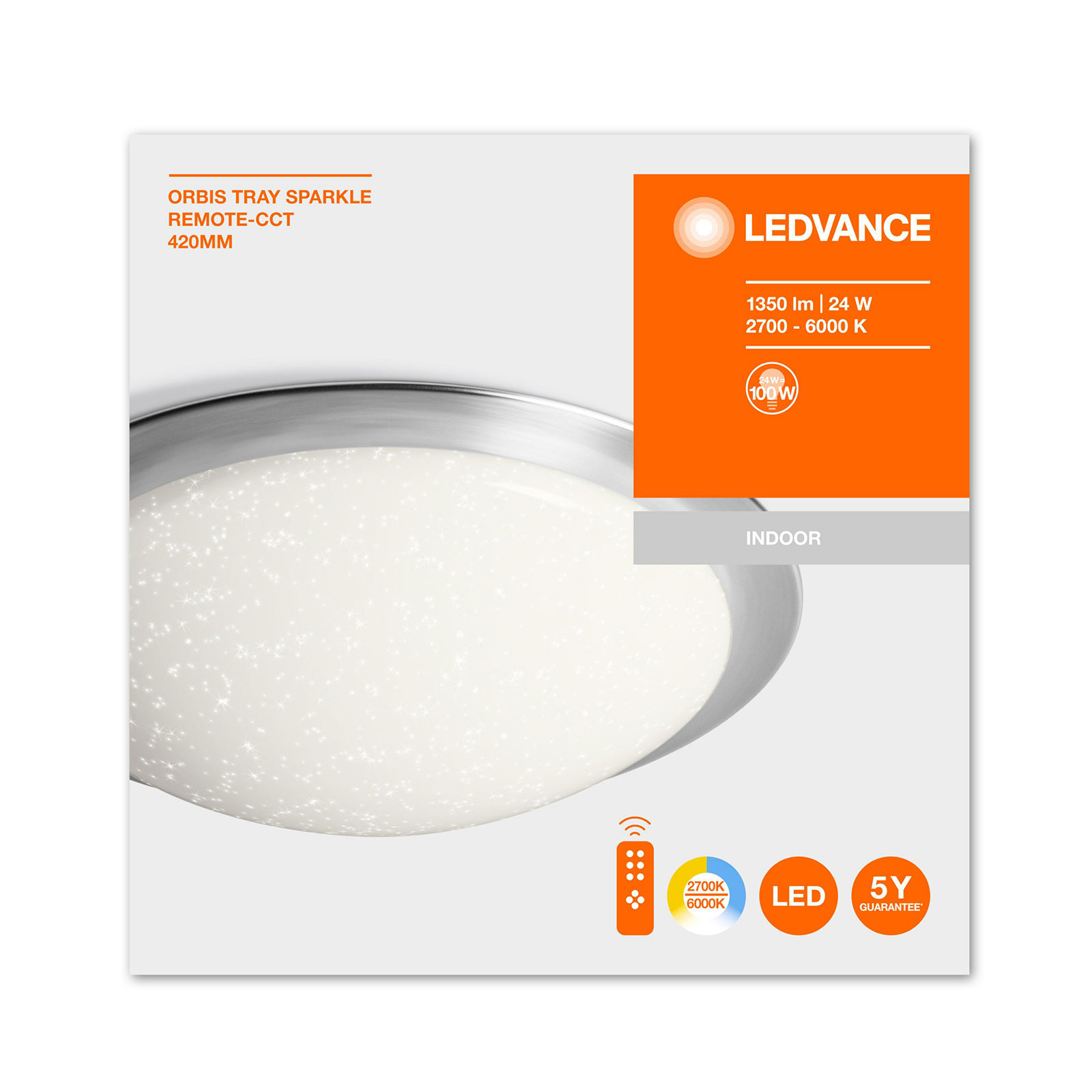 LEDVANCE Orbis Tray Sparkle CCT ceiling lamp 42 cm, for Kitchen, metal, polycarbonate, 24 W, energy efficiency: A, H: 10.5 cm