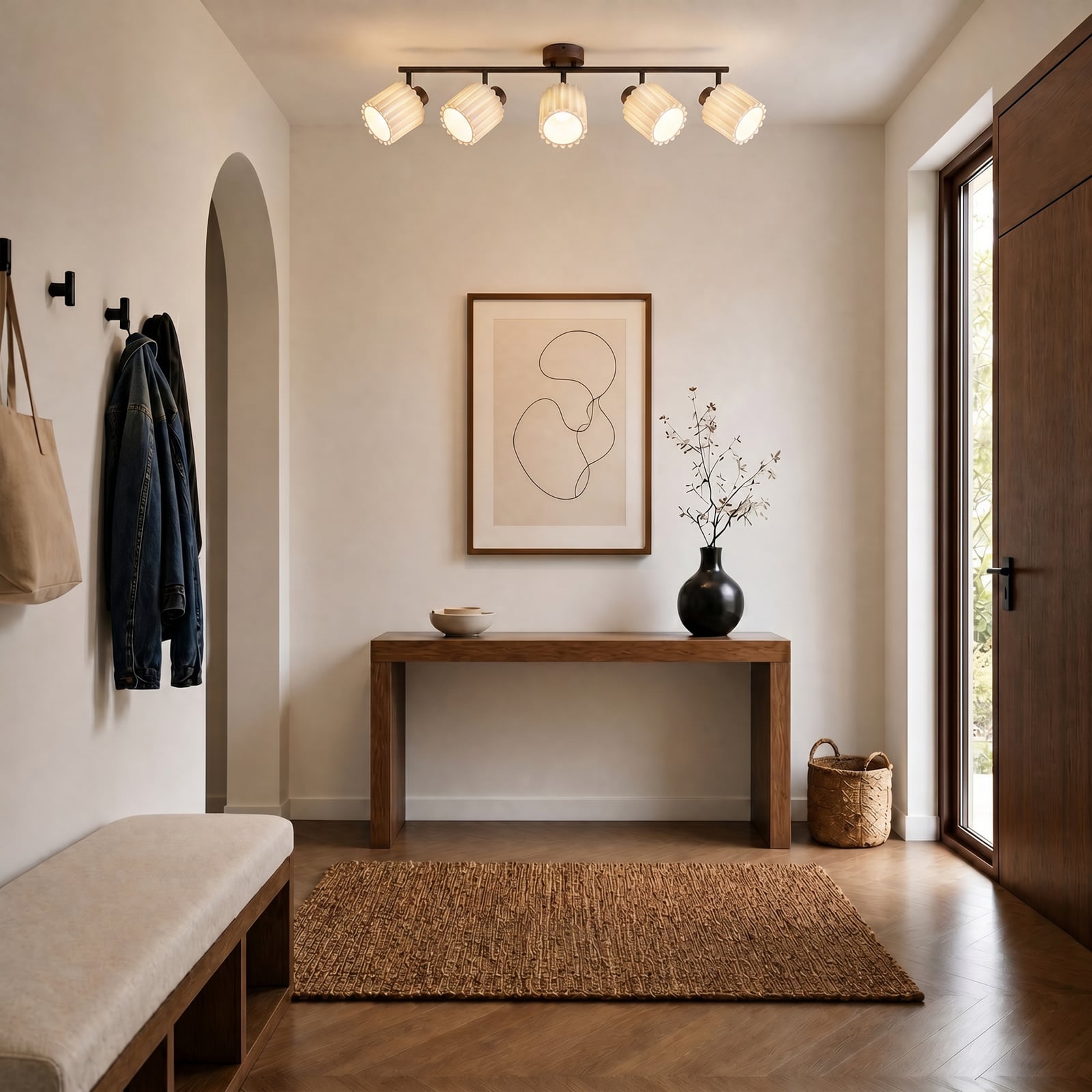 Faretto da soffitto Shiloh, noce/beige, a 5 luci, legno di noce - Lindby Faretto da soffitto Shiloh, noce/beige, a 5 luci, legno di noce - Lindby