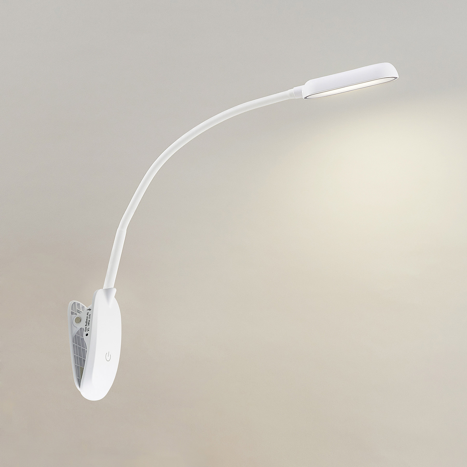 Prios LED klämlampa Najari, vit, laddningsbart batteri, USB, 51 cm hög