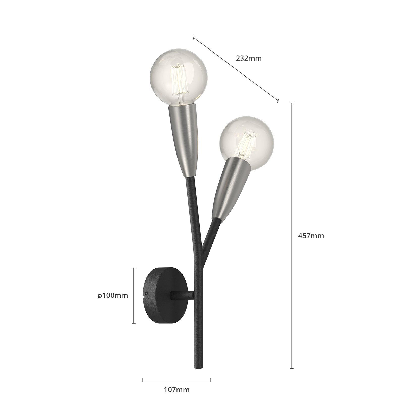 Lucande Carlea wandlamp, 2-lamps zwart-nikkel