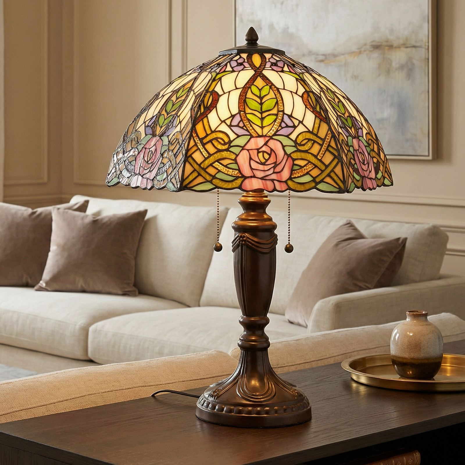 Clayre&Eef Lampă de masă paradisiacă Eden stil Tiffany - Camera de zi / sufragerie - verde maro multicolor - Sticlă