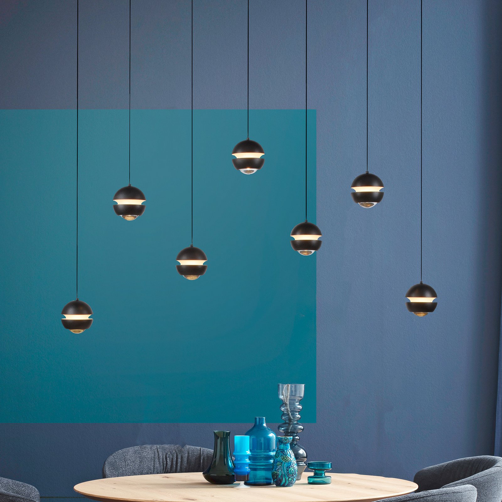 SCHÖNER WOHNEN LED hanglamp Lini zwart 7-lamps lang 3.000K