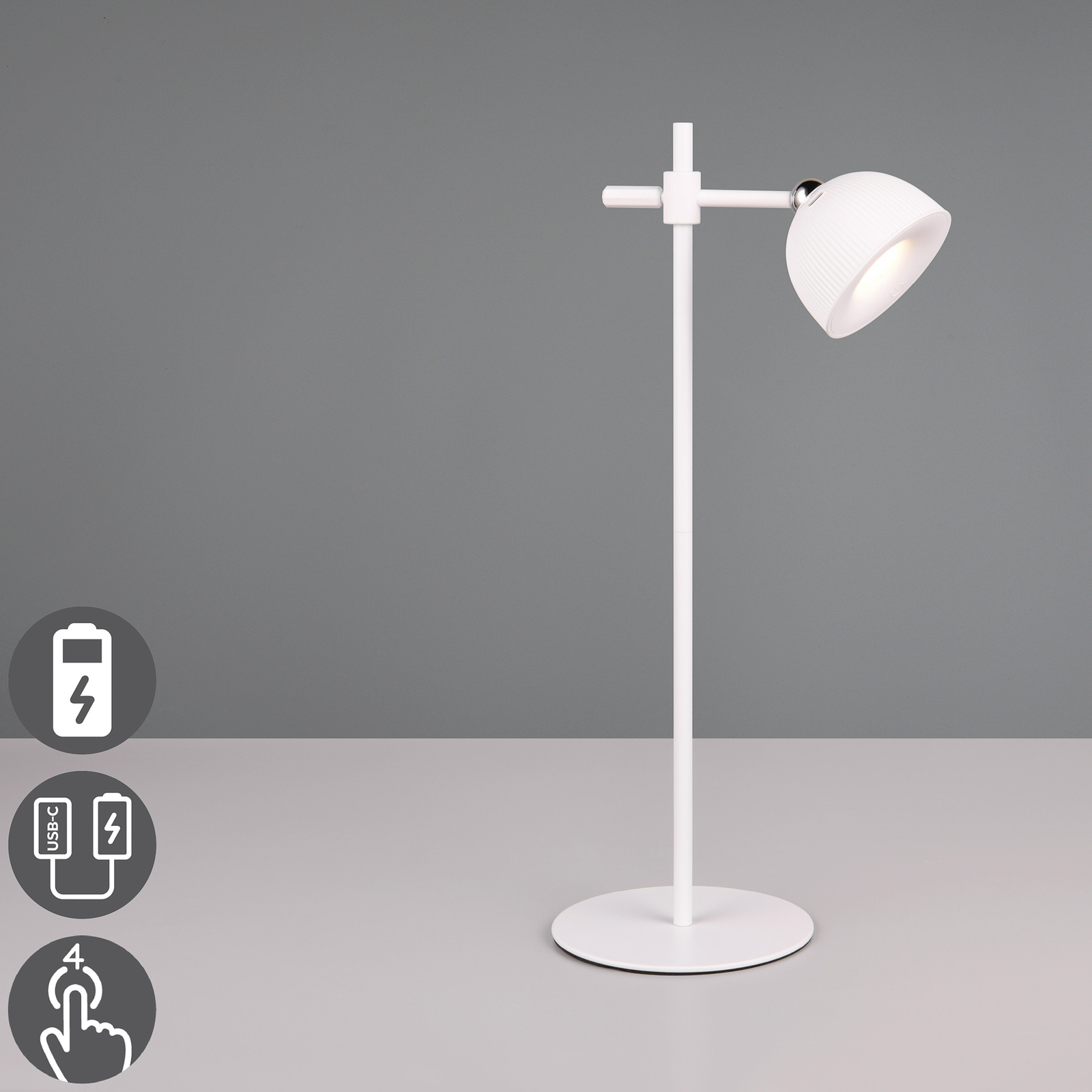 Maxima LED oppladbar bordlampe, hvit, høyde 41 cm, plast