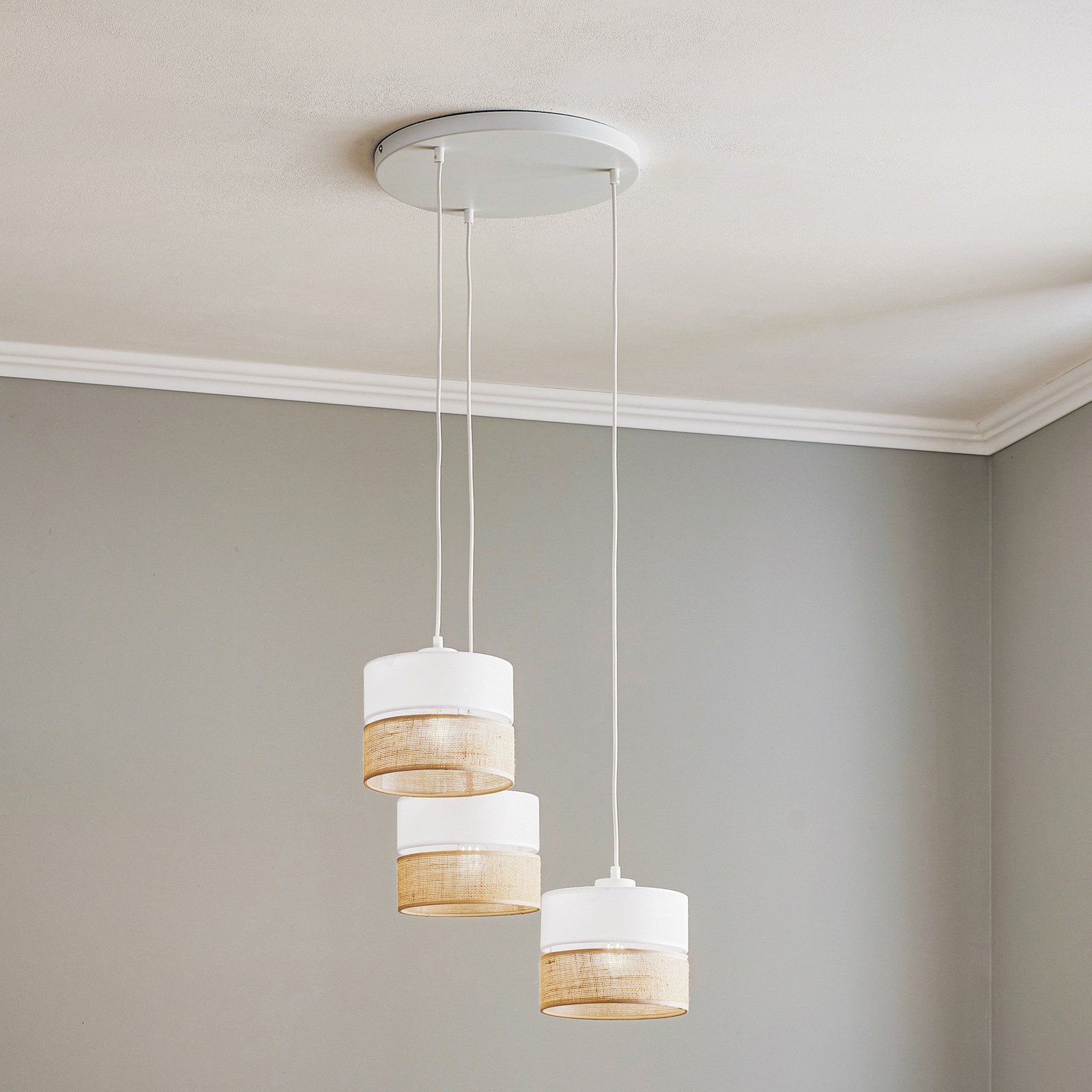 TK Lighting Lampă suspendată Linobianco rotundă cu 3 becuri - Camera de zi / sufragerie - Modern - alb maro - Țesătură / Textil