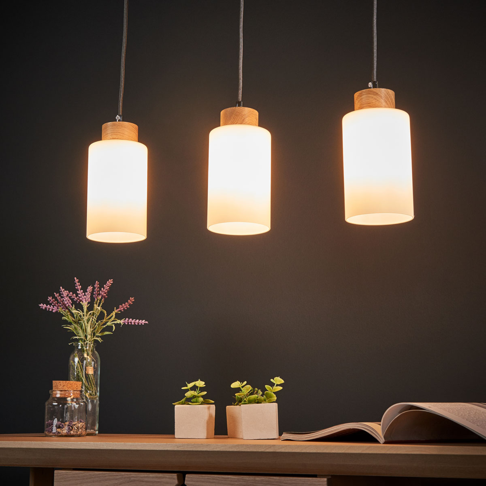 Spot-Light Bosco linear pendant light, oiled oak, 3-bulb, for Living / Dining Room, glass, wood, metal, E27, 60 W, energy efficiency: A++, L: 52 cm, W: 9.5 cm