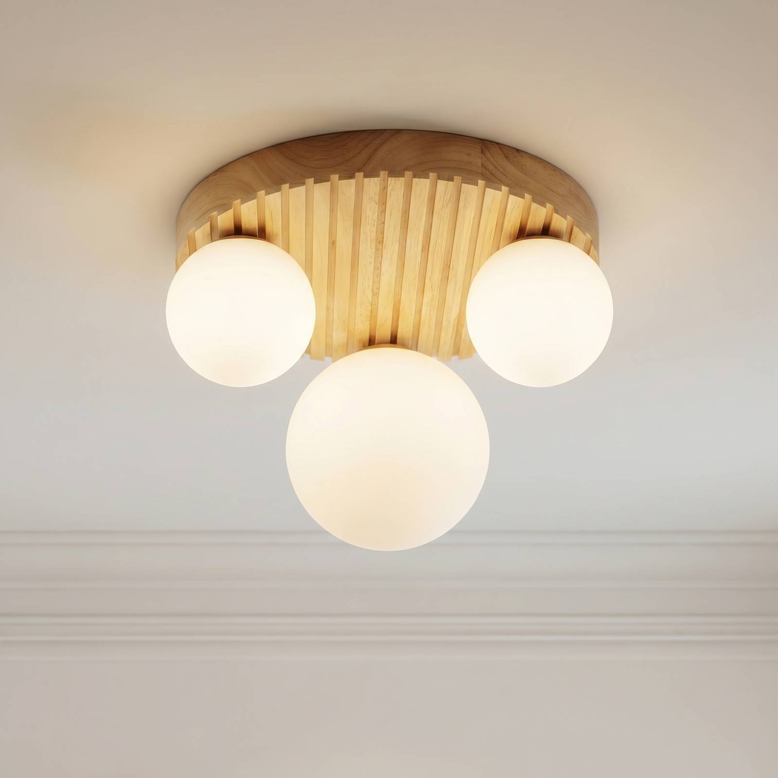 Plafonnier Lindby Mori, Ø 34 cm, G9, naturel/blanc, bois/verre