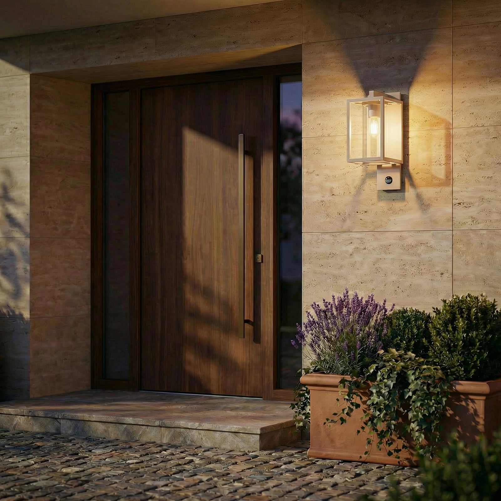 Lucande Външна стенна лампа Ferda, сензор, фасунга отдолу, бежова