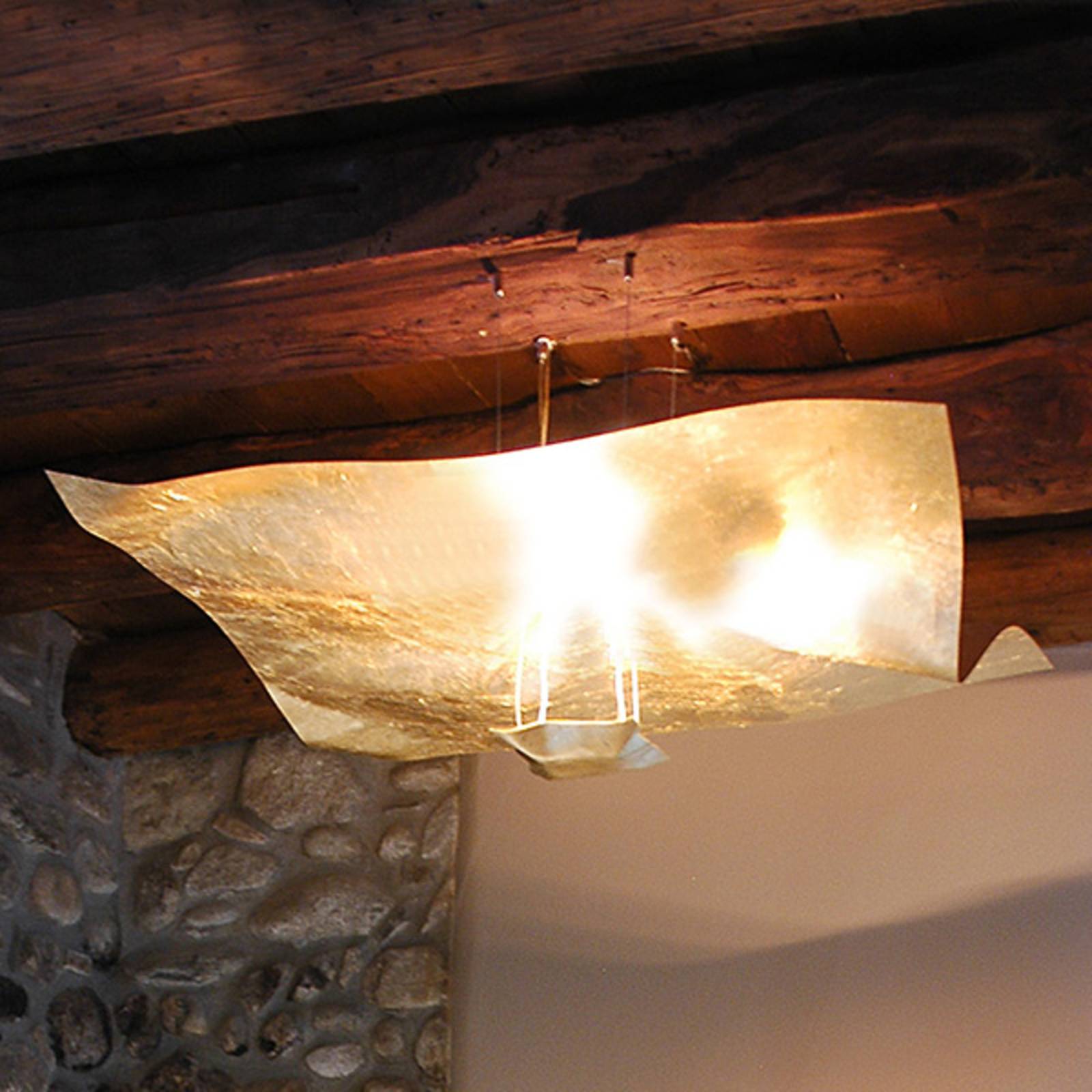 Knikerboker Crash gold hanging light 100 cm, for Living / Dining Room, steel, gold leaf, R7s 117.6 mm, 160 W, energy efficiency: D, L: 100 cm, W: 100 cm