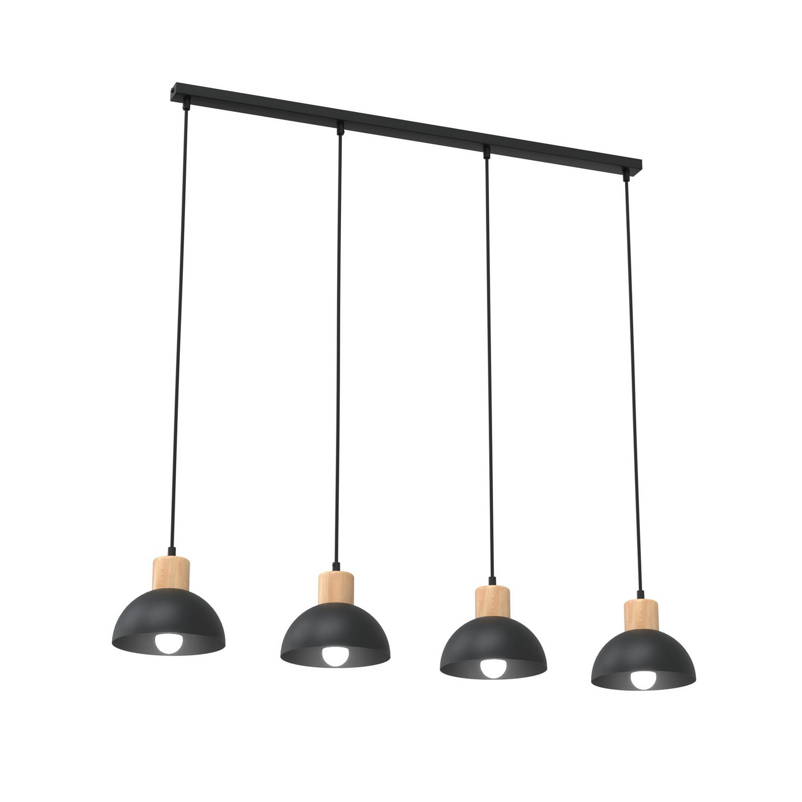 Seco hanging light, length 90 cm, black, metal/wood, 4-bulb.