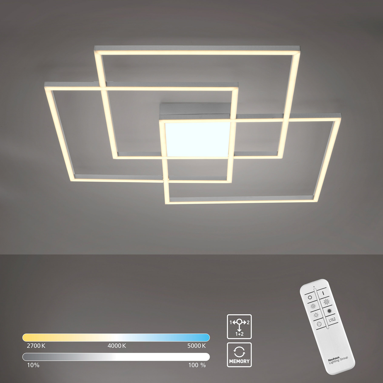 Plafonnier LED Asmin, CCT, acier, 75x75 cm