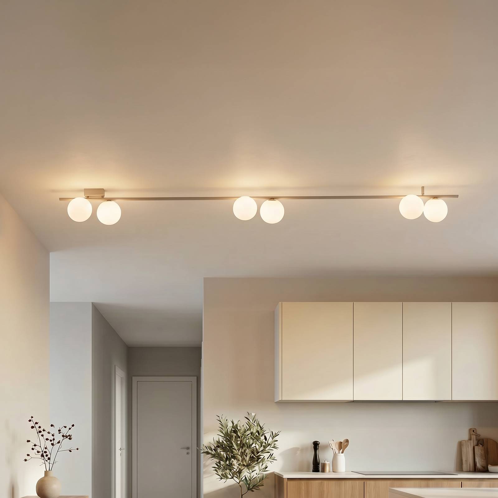 Levně TK Lighting Stropní světlo Imelo, krémové, 6 žárovek, sklo, délka 200 cm