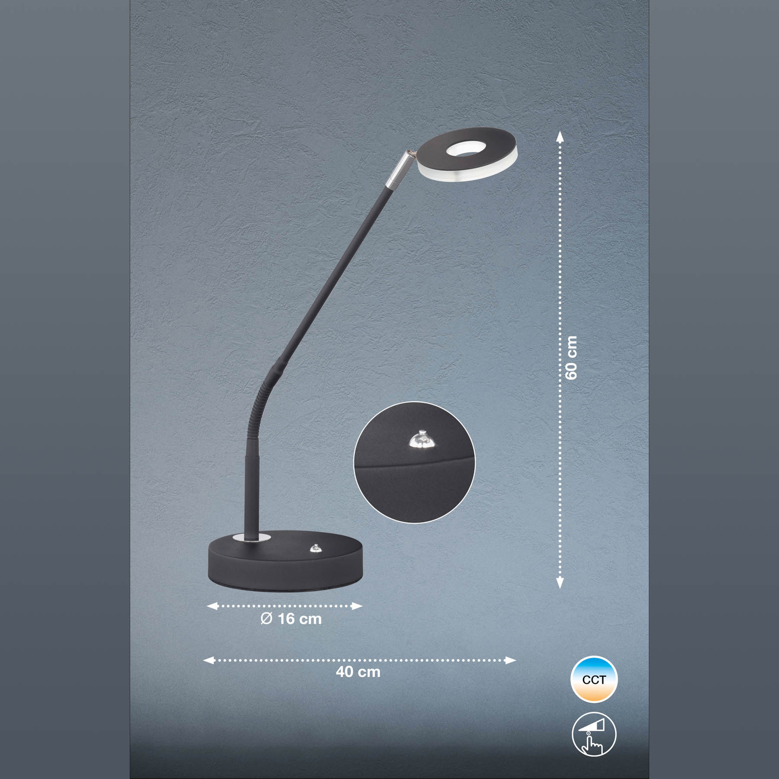 Dent LED-bordlampe, kan dæmpes, CCT, 6 W, sort
