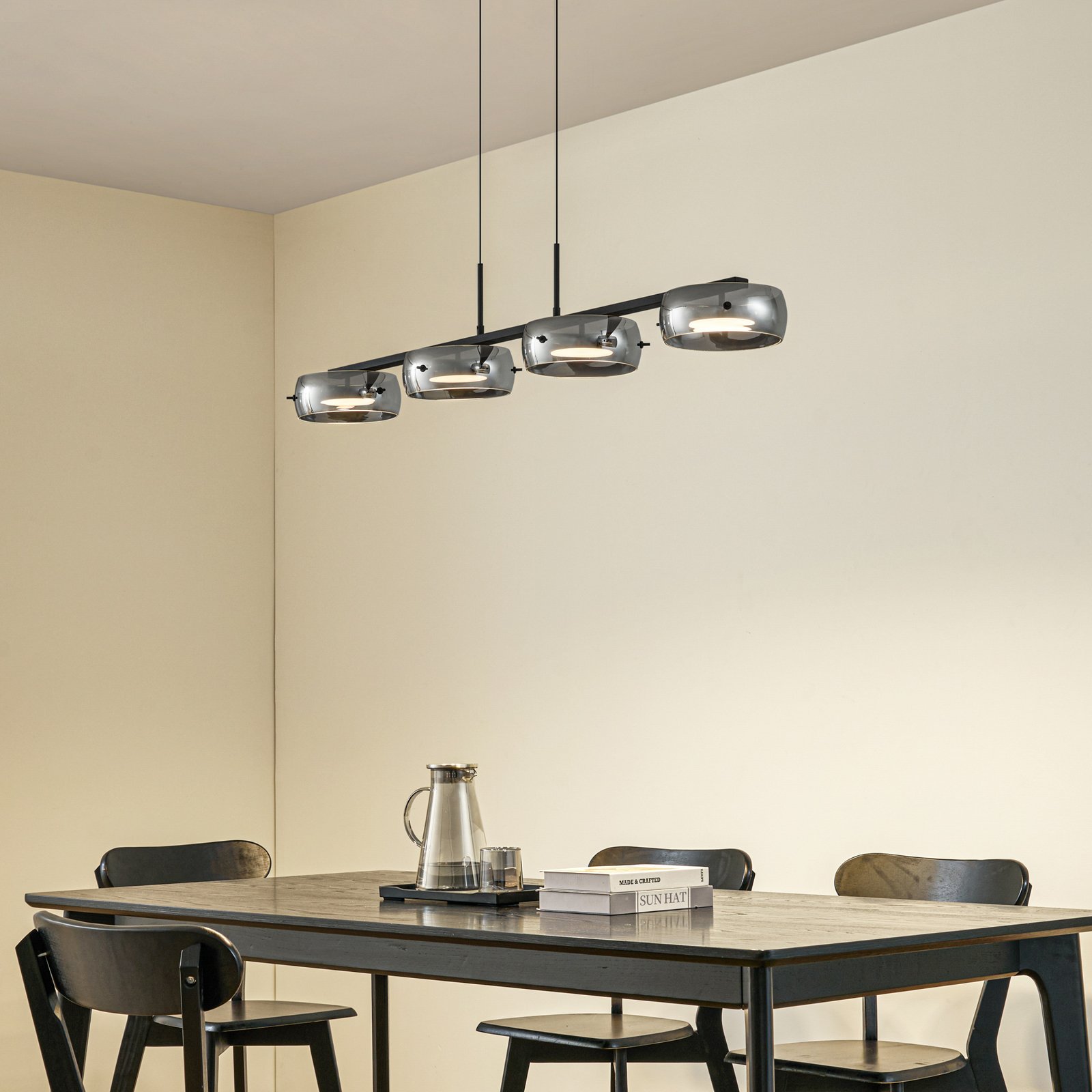 Lucande LED-pendant lamp, smoke, 4-flames, glass, dimmable