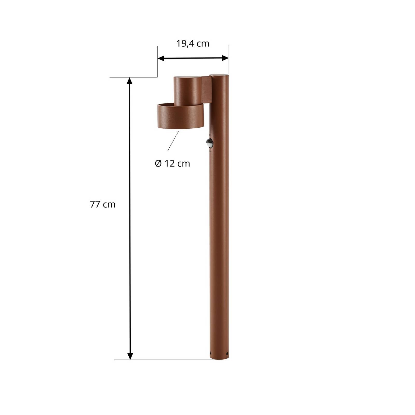 Słupek ogrodowy LED Lucande Elune, brązowy, z czujnikiem, IP44, wysokość 77 cm