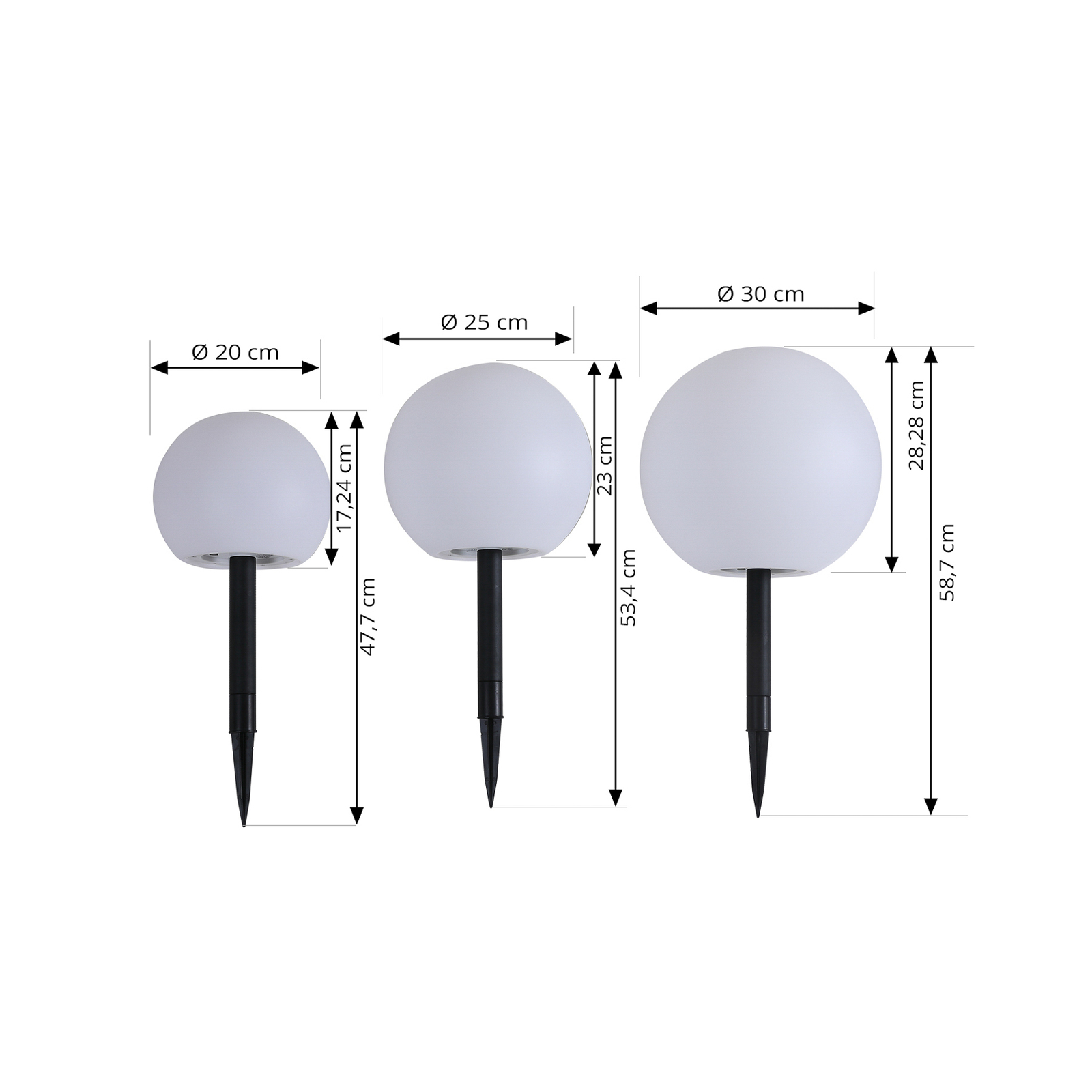 Lampy solarne LED Lindby Lago, zestaw 3, kule, szpikulec, biały