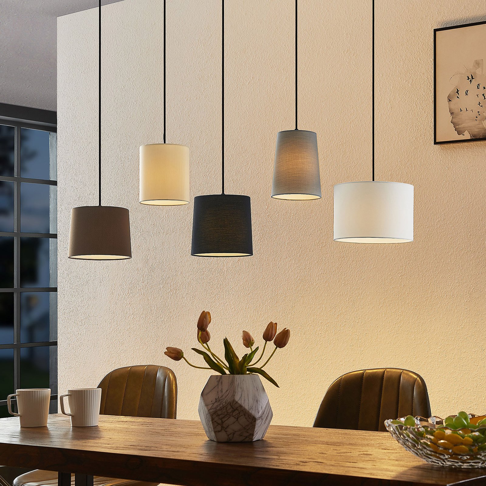 Lindby Hängeleuchte Amilia, Stoff, 5-flg., grau/beige, E27