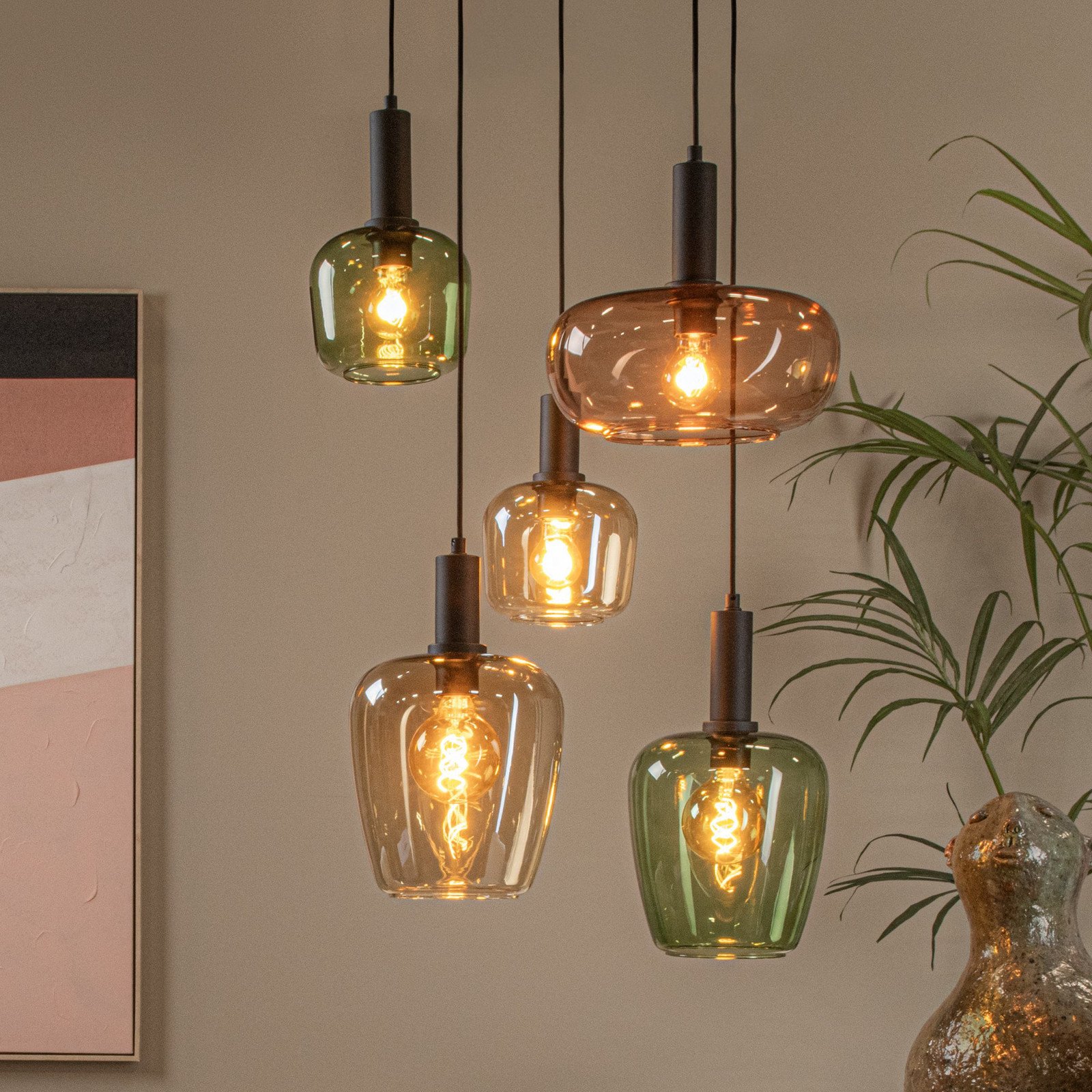 Lucide Lampă suspendată Ilona sticlă multicoloră Ø 45 cm 5 becuri - Camera de zi / sufragerie - negru ambra verde deschis ambra