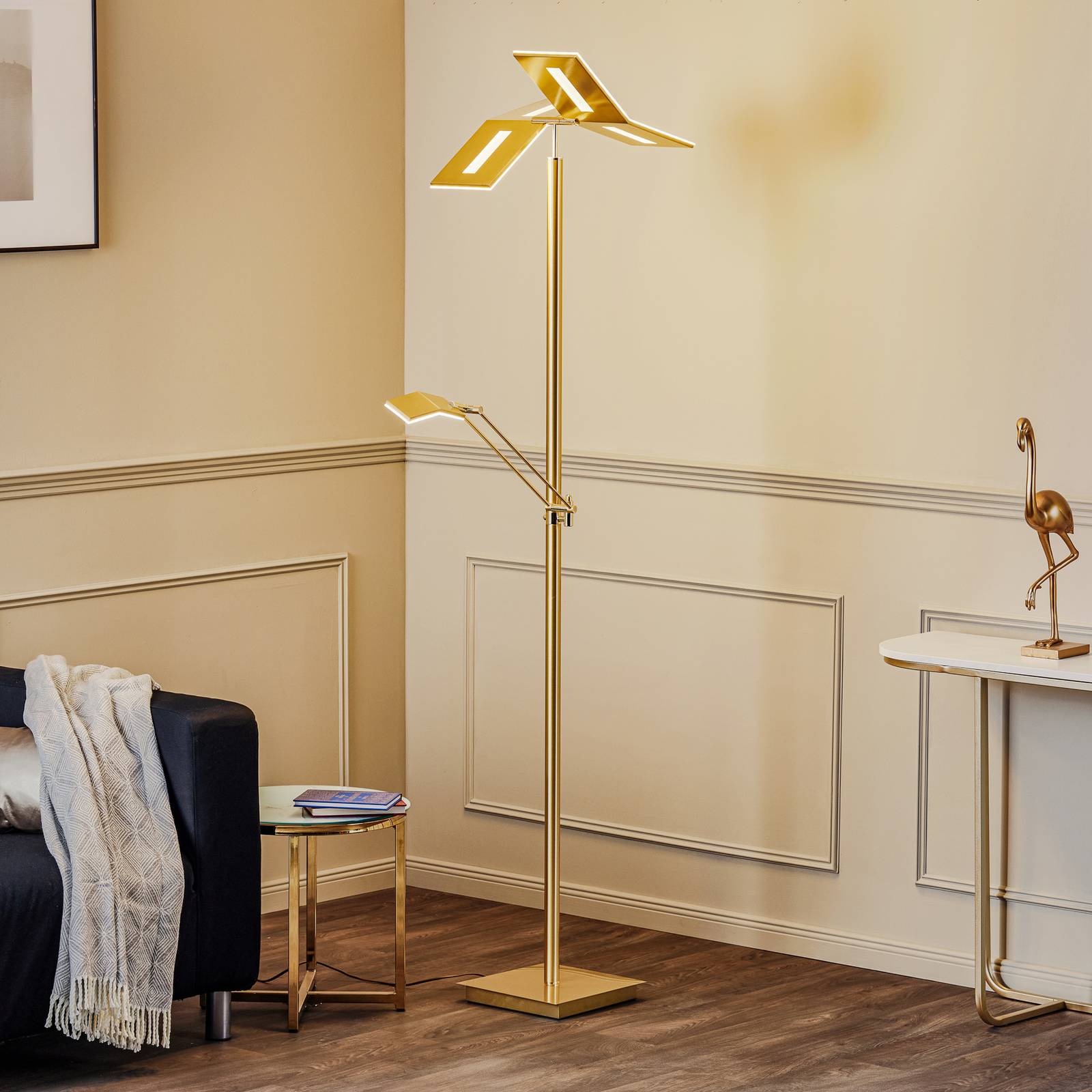 Lucande LED Floor Lamp - Living / Dining Room - Uplighter Floor Lamp - dimmable - Modern - Gold