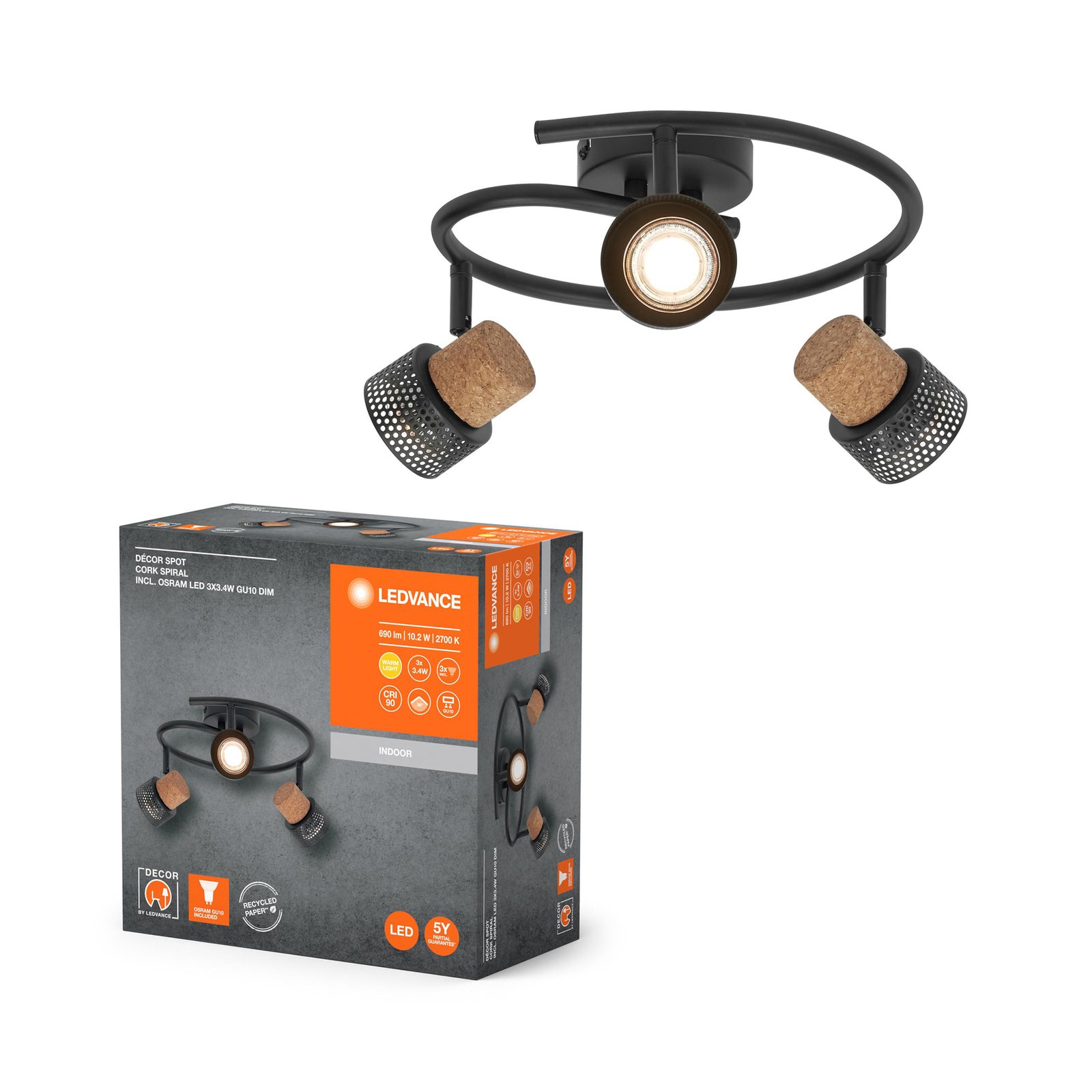 LEDVANCE LED stropný reflektor Cork, GU10, 3-svetelný, špirálový, čierny