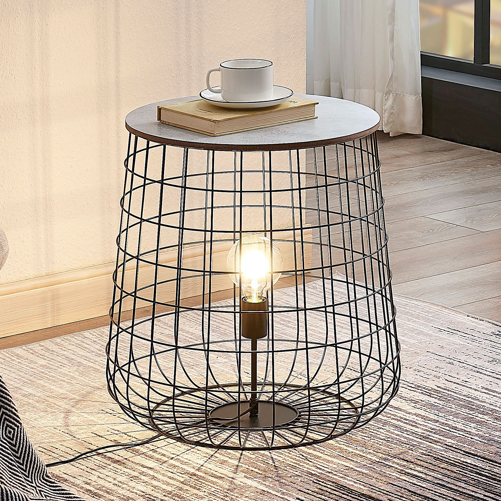 Lindby Winnie basket floor lamp with wooden panel, for Living / Dining Room, metal, MDF, E27, 60 W, energy efficiency: A++, H: 50 cm