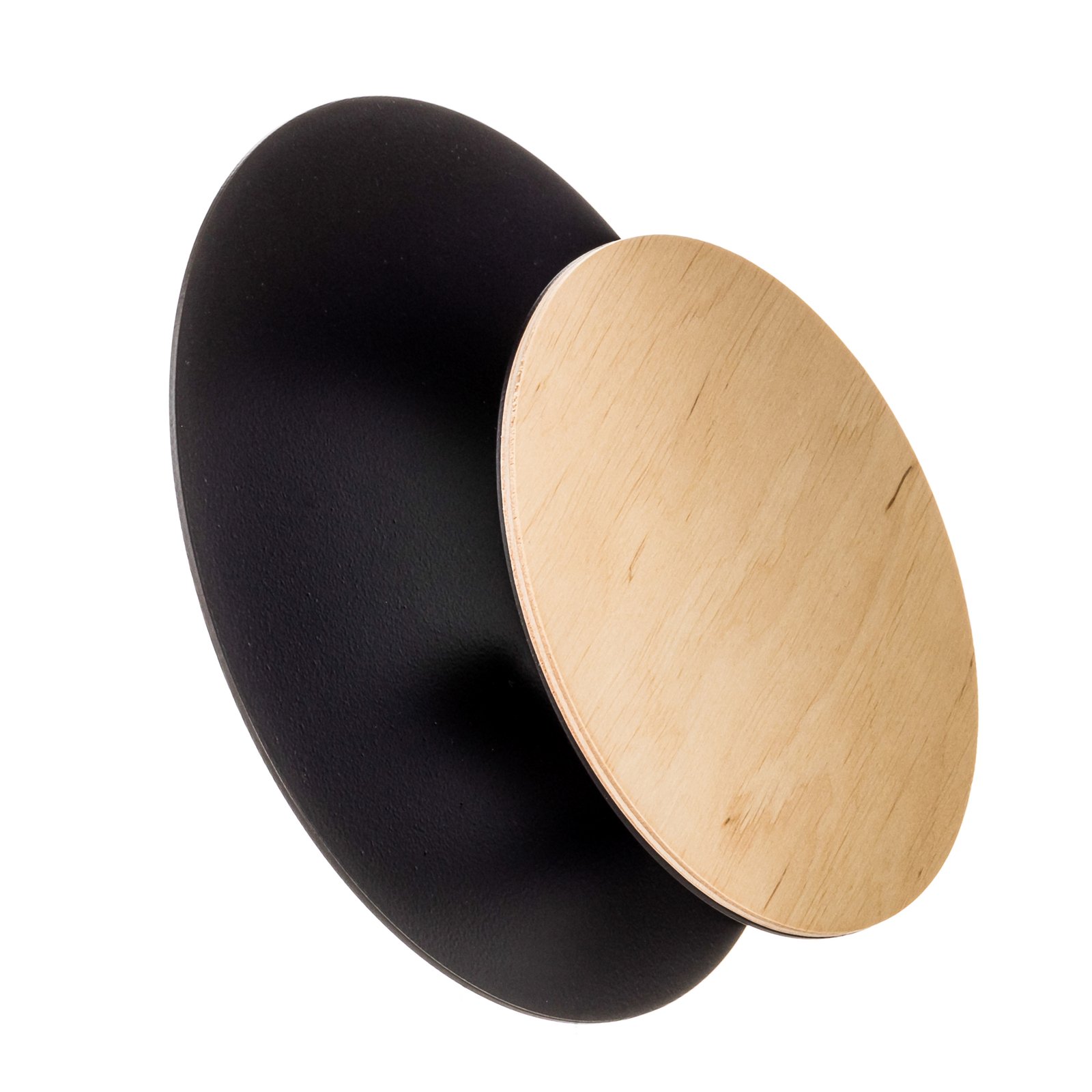 Circle wall lamp in black, wooden decorative panel