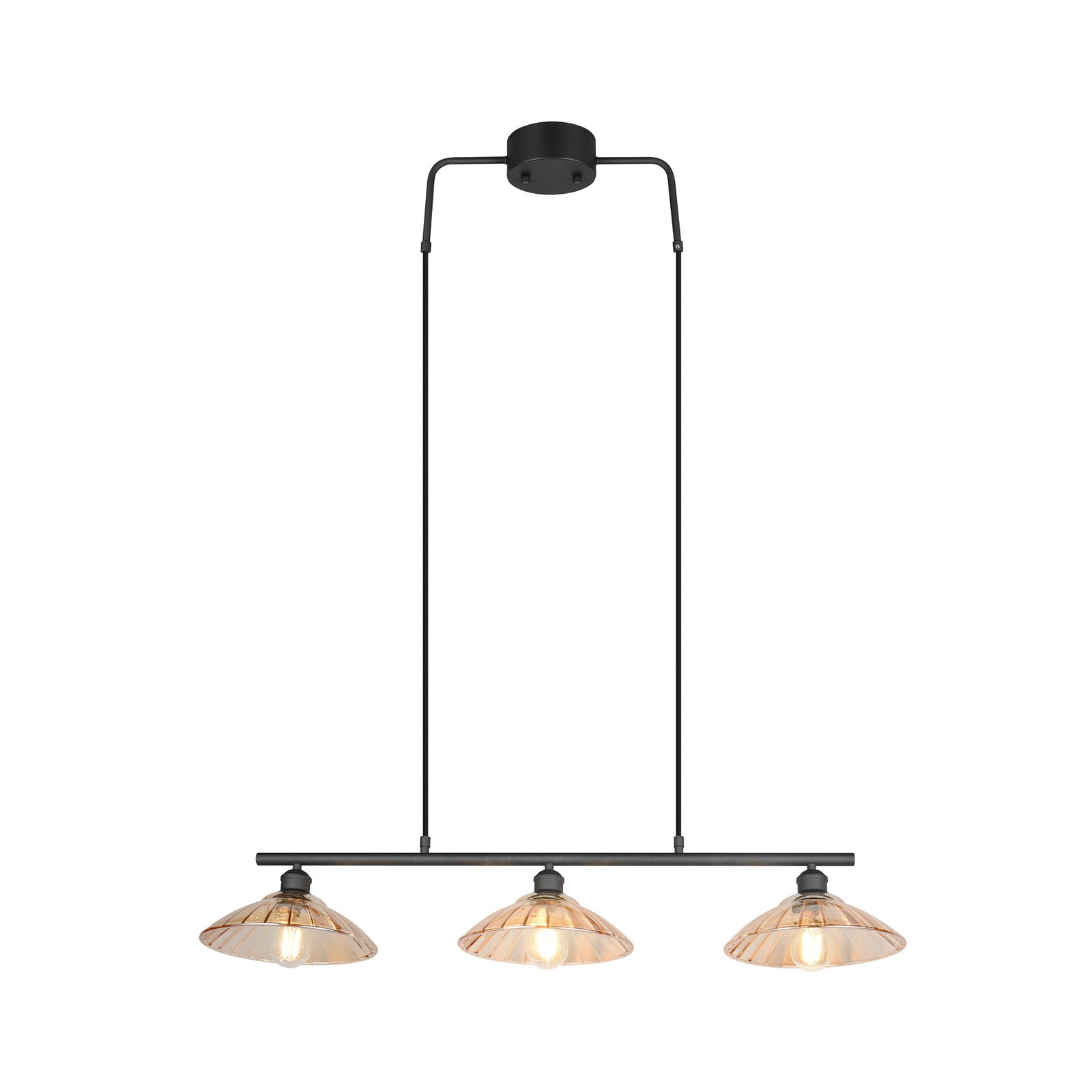 Висяща лампа Eluna, кехлибар/черно, 100 см, стъкло/метал, 3-крилна.