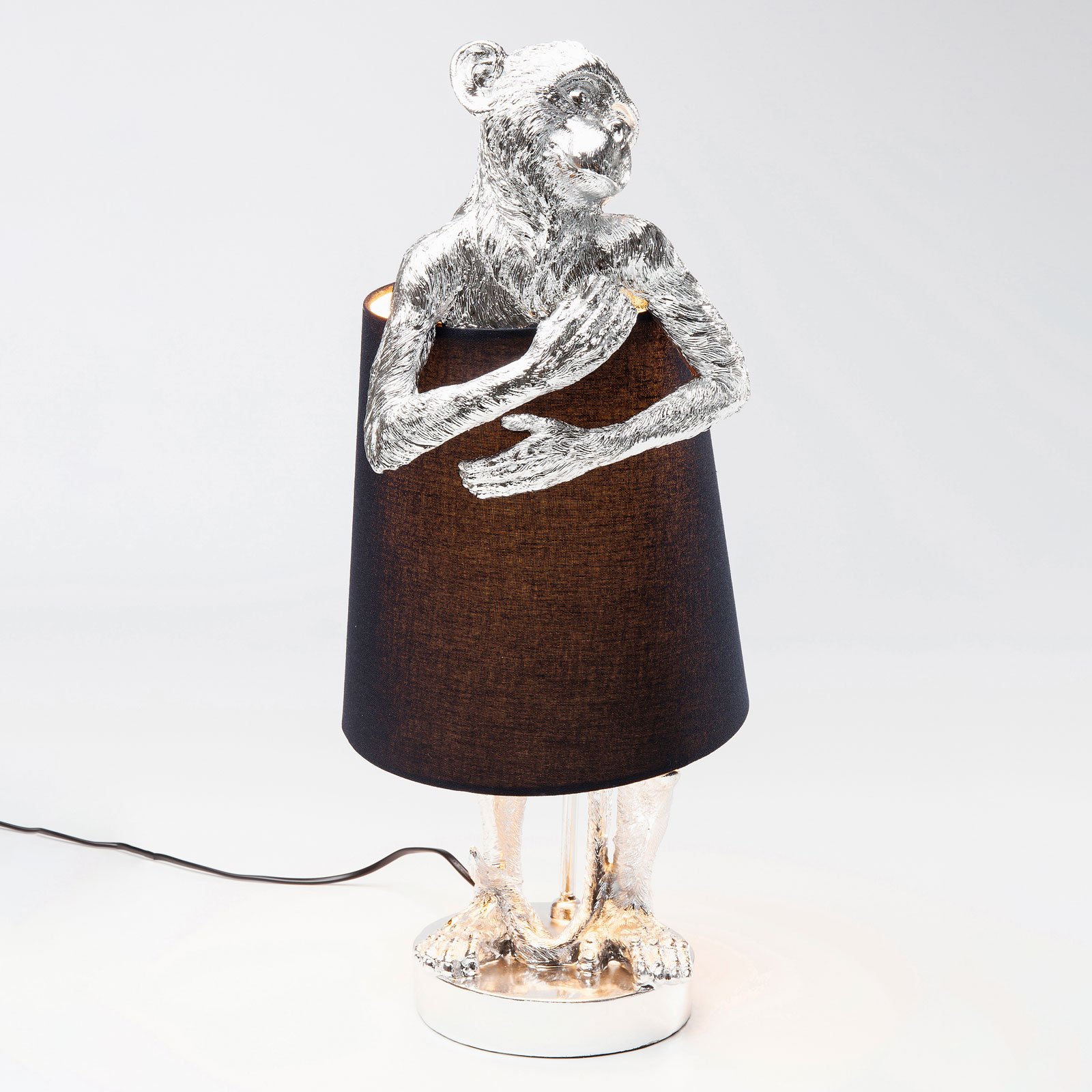 Kare KARE Animal Monkey table lamp silver/black, for Living / Dining Room, polyresin, steel, linen, E14, 5 W, energy efficiency: A++, W: 23 cm, H: 58 cm