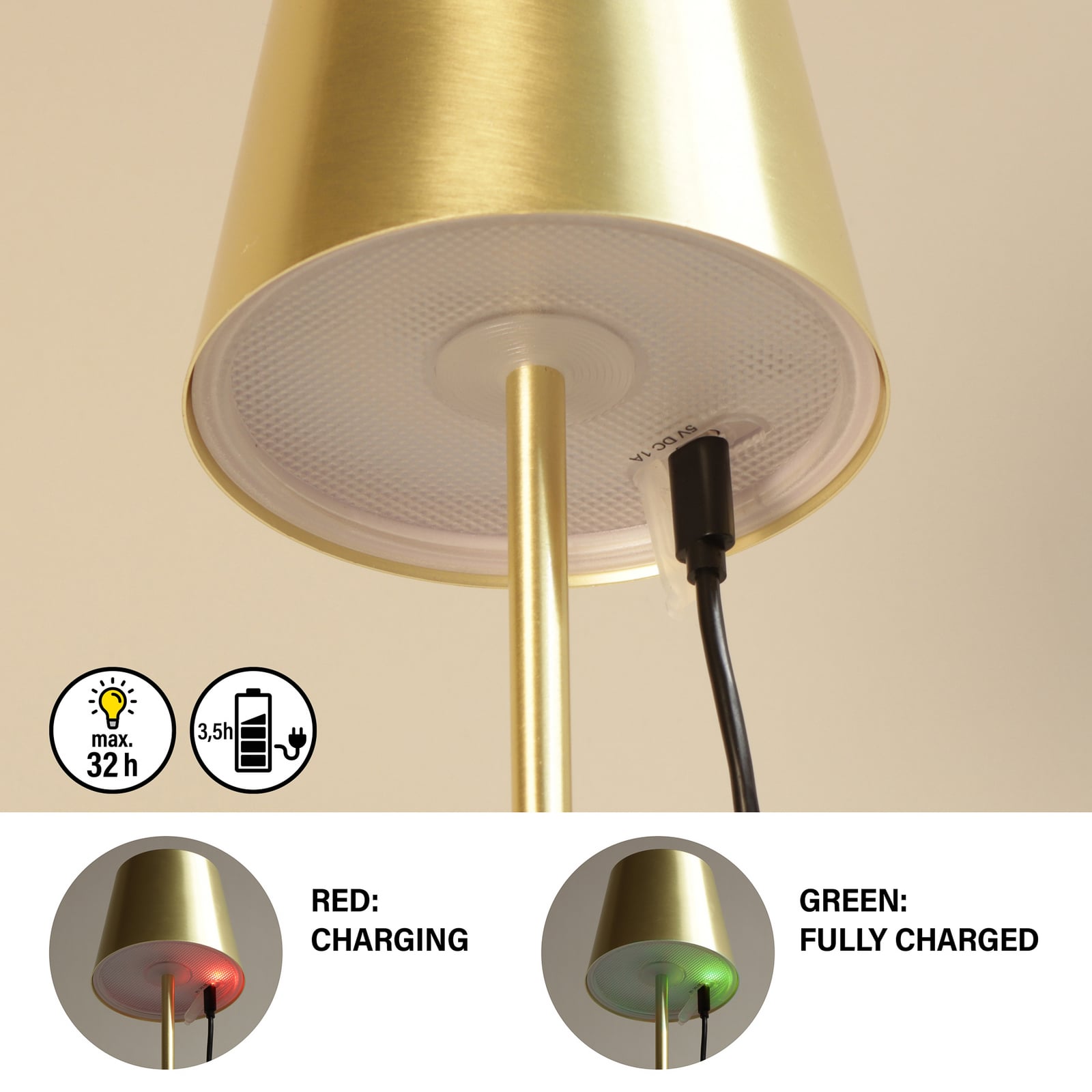 LED akumuliatorinė stalo lempa Viletto, žalvario spalvos, IP54 LED akumuliatorinė stalo lempa Viletto, žalvario spalvos, IP54