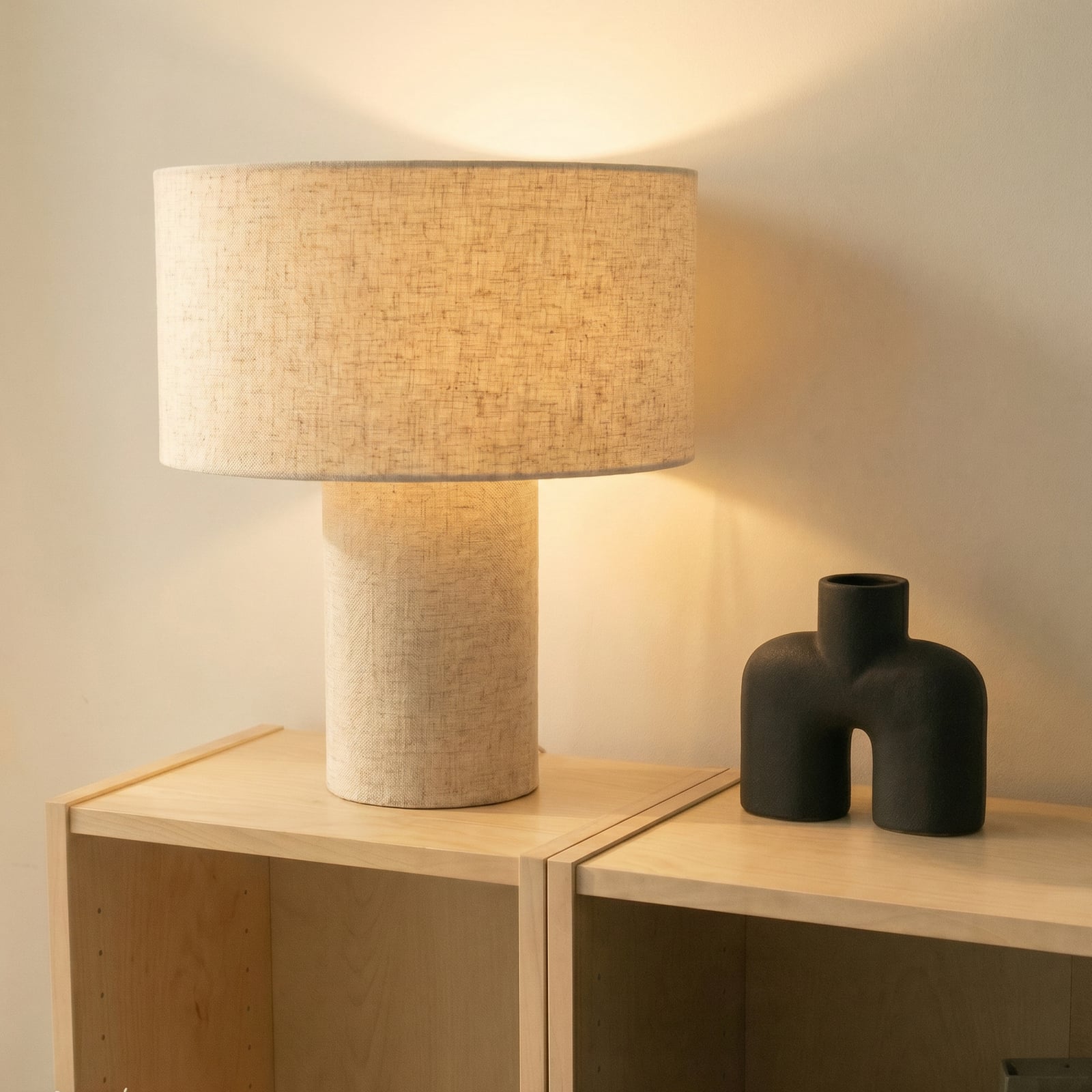 Lindby Tischleuchte Elfie, Ø 35 cm, beige, Leinen, E27