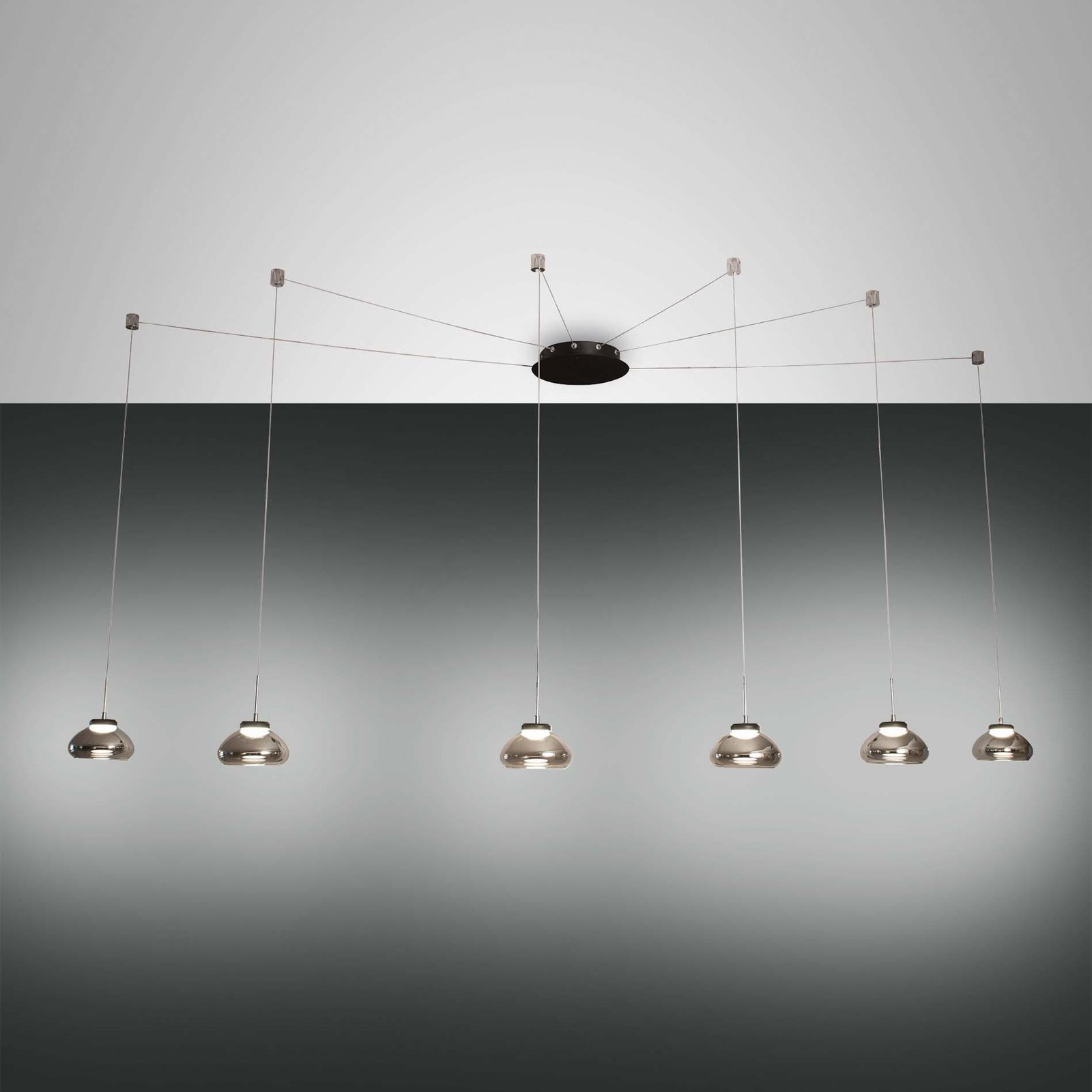 Arabella LED pendant light, smoke grey, 6-bulb, decentralised