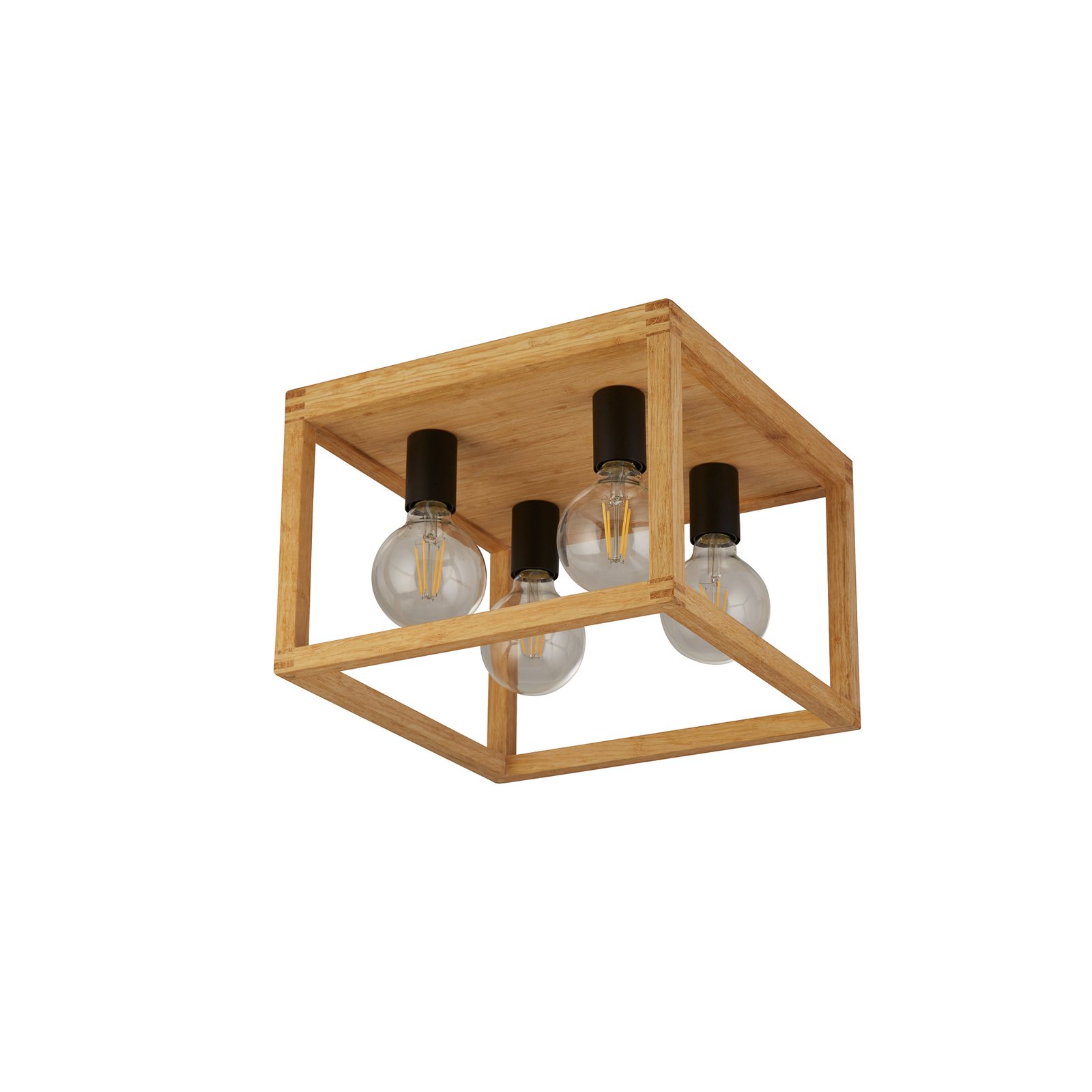 Square ceiling light made of bamboo, 4-bulb