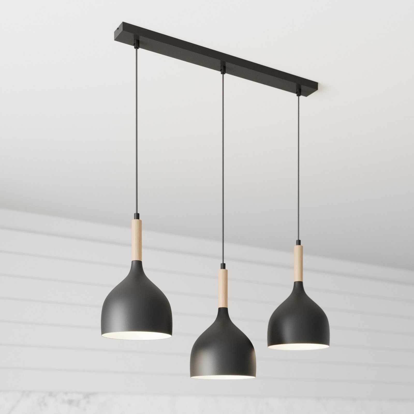 Luminex Lampă suspendată Noak cu 3 flăcări lungă negru/lemn natural - Camera de zi / sufragerie - Modern - negru lemn deschis - Metal