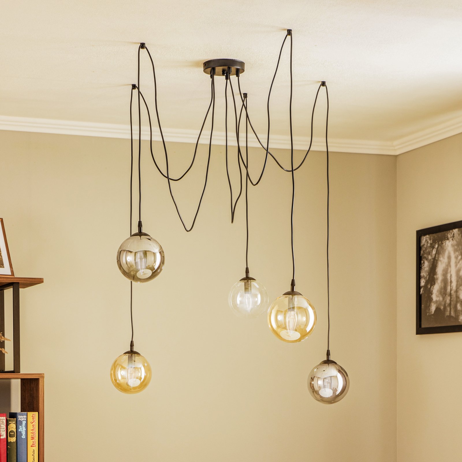 Glassy hanglamp, 5-lamps, zwart, grafiet/amber/helder, E14
