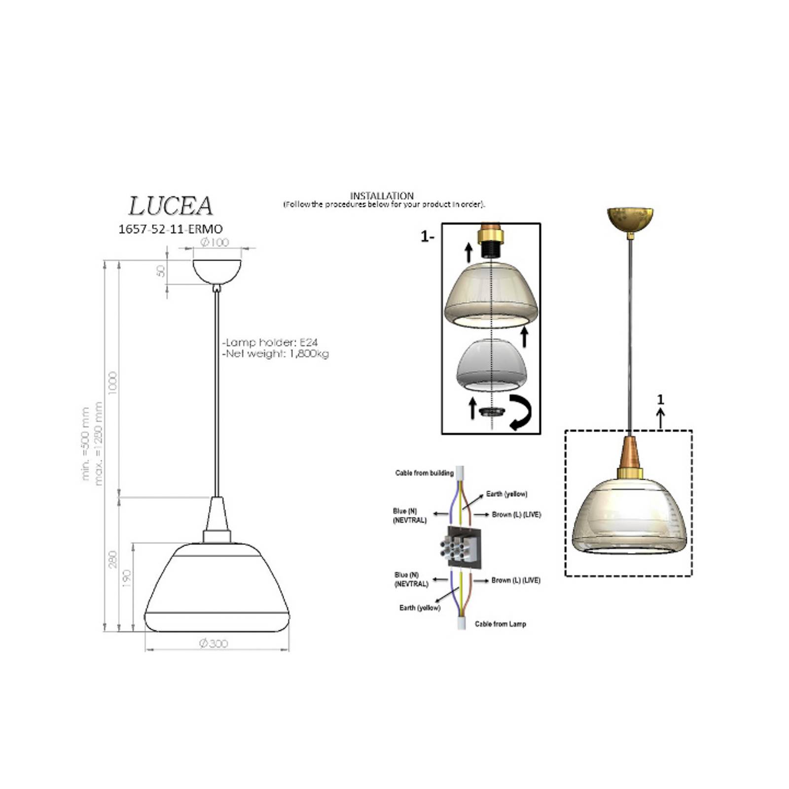 Hängelampe Ermo, weiß/klar, messing, Ø 30 cm, Glas/Metall günstig online kaufen