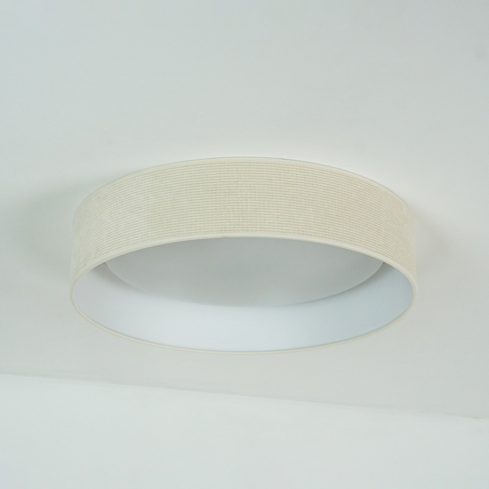 LED stropné svietidlo Plafond, biele, tkanina, Ø 45 cm, 3-stupňové stmievanie