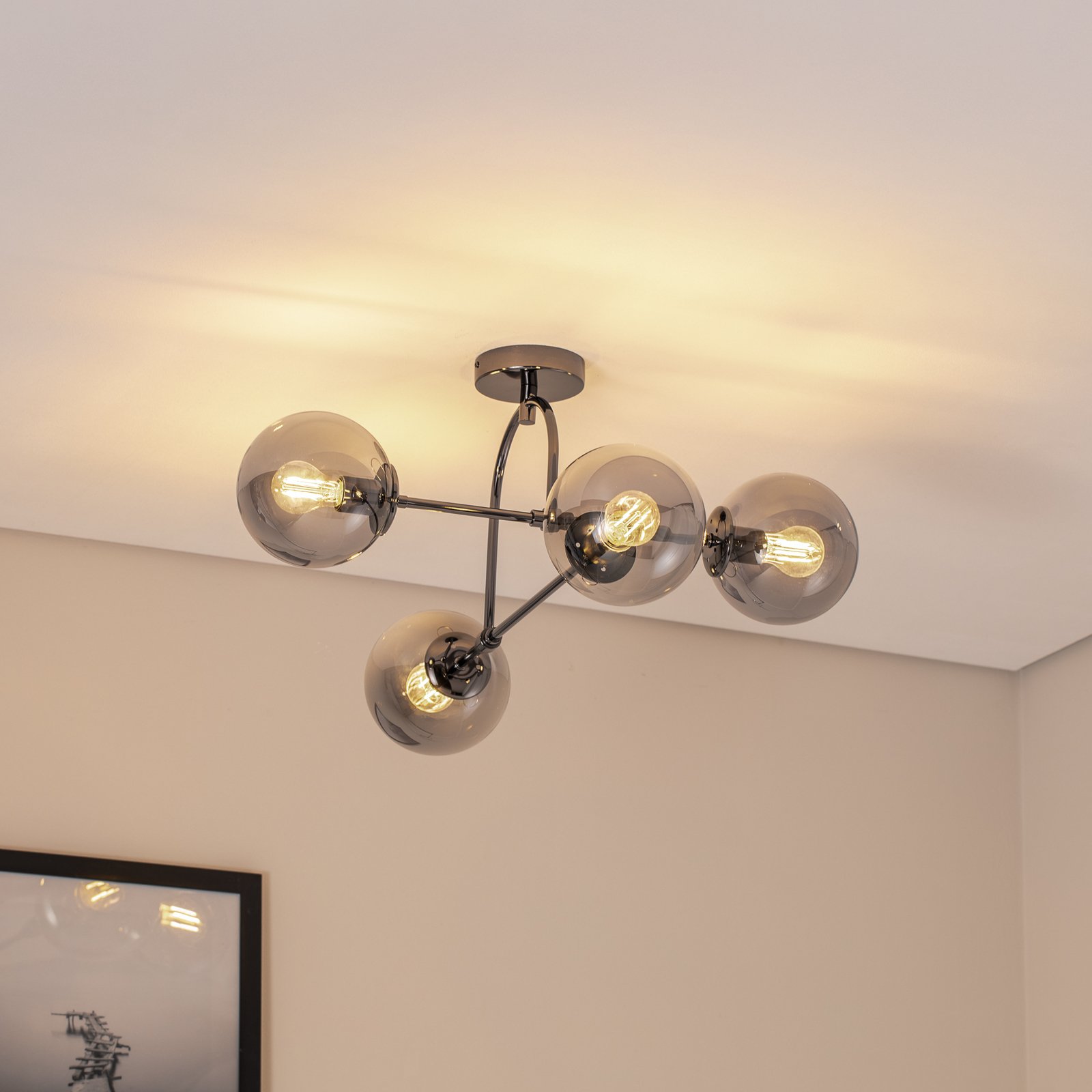 Portemo ceiling lamp, smoke grey/nickel, 83x74 cm, 4-bulb glass