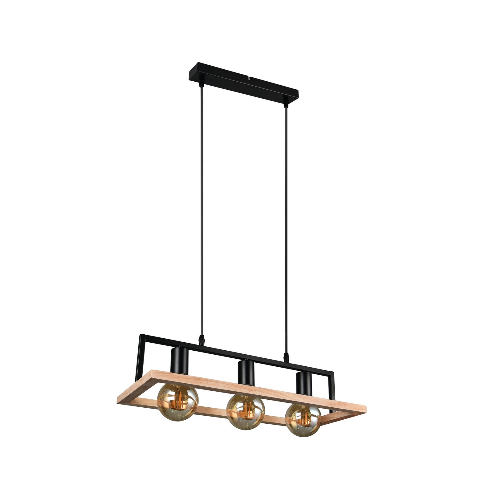 Hanglamp Bano, hout/zwart, lengte 58 cm, metaal, 3-lamps.
