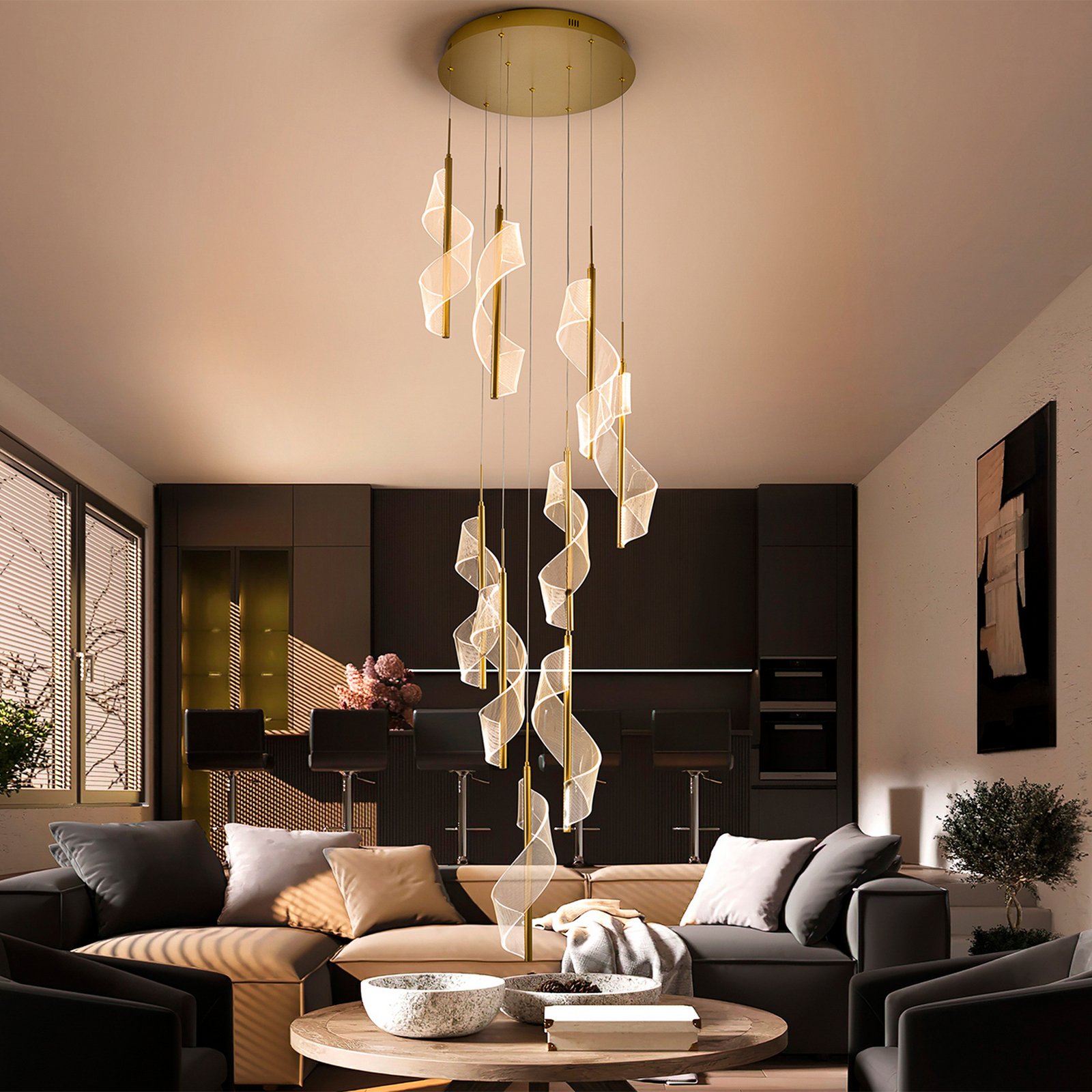 Velas 9-bulb LED pendant light, gold-coloured, metal, plastic